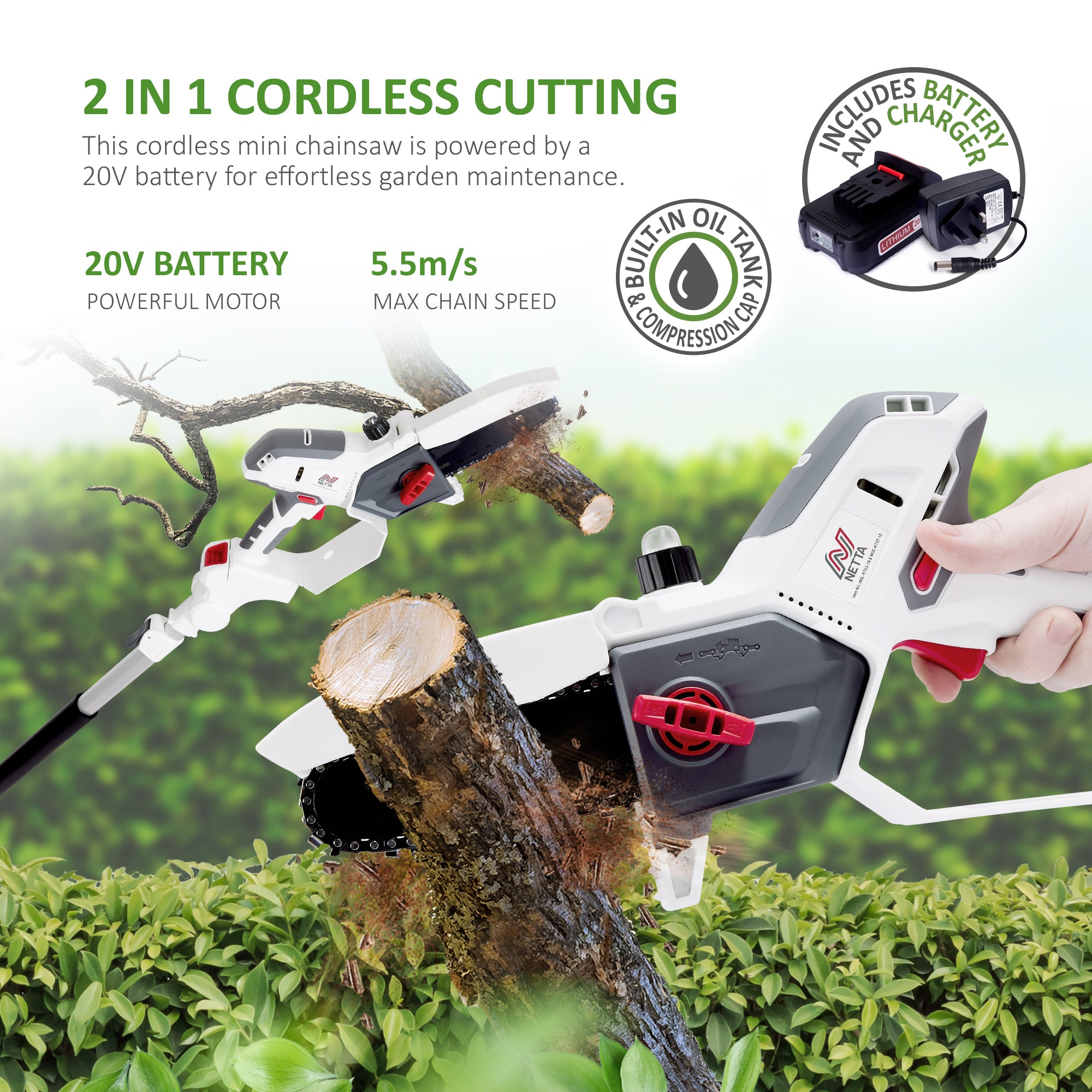 NETTA Cordless 2 in 1 Pole & Handheld Garden Chainsaw, 20V MAX, Battery & Charger Included, 2.2m Long Reach Telescopic Pole