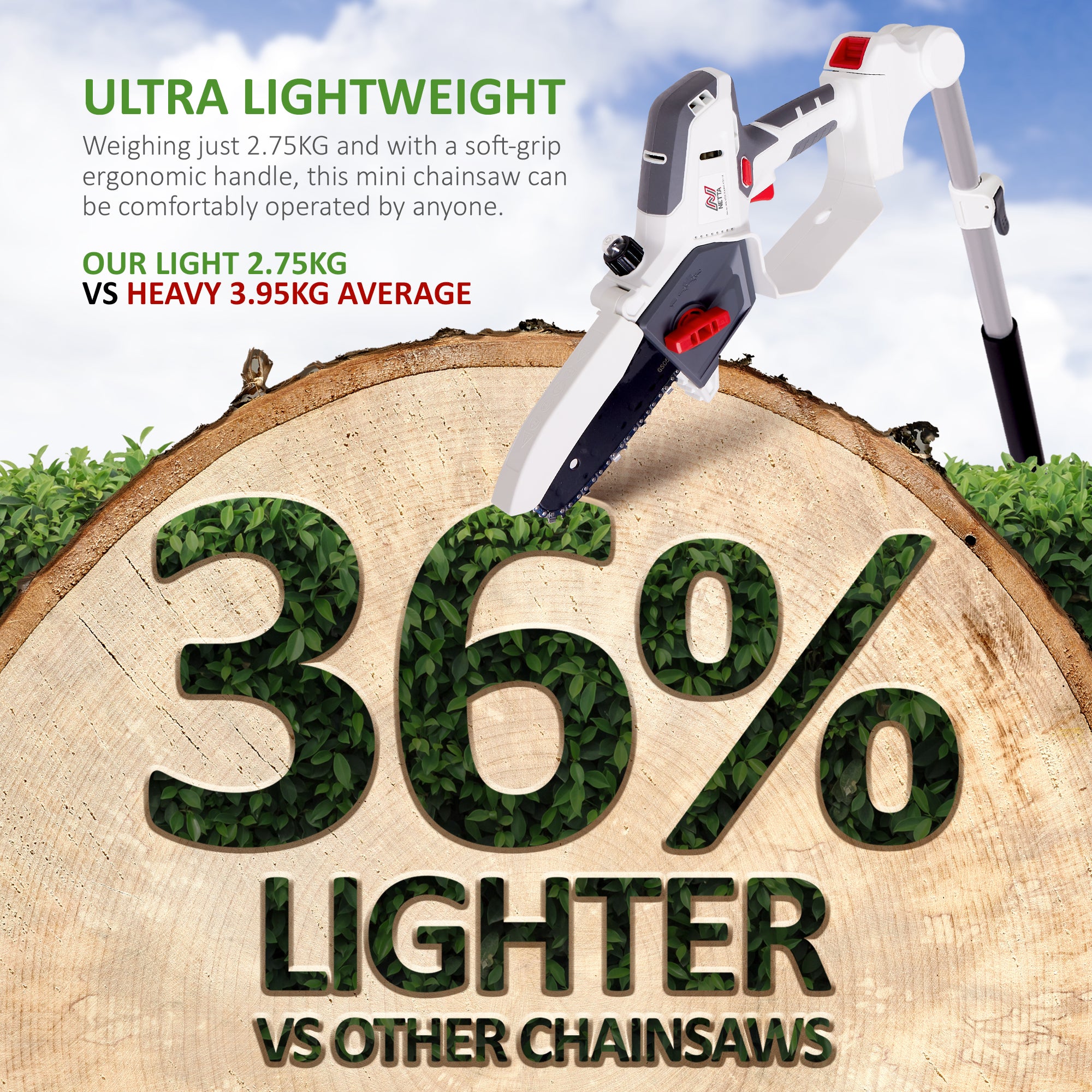 NETTA Cordless 2 in 1 Pole & Handheld Garden Chainsaw, 20V MAX, Battery & Charger Included, 2.2m Long Reach Telescopic Pole