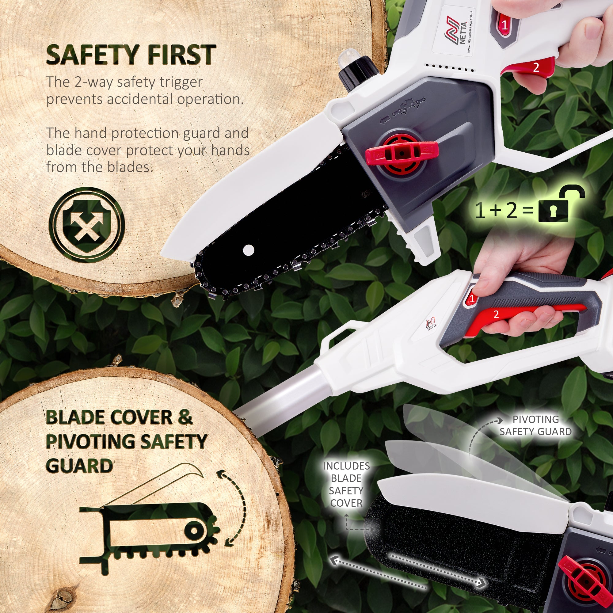 NETTA Cordless 2 in 1 Pole & Handheld Garden Chainsaw, 20V MAX, Battery & Charger Included, 2.2m Long Reach Telescopic Pole