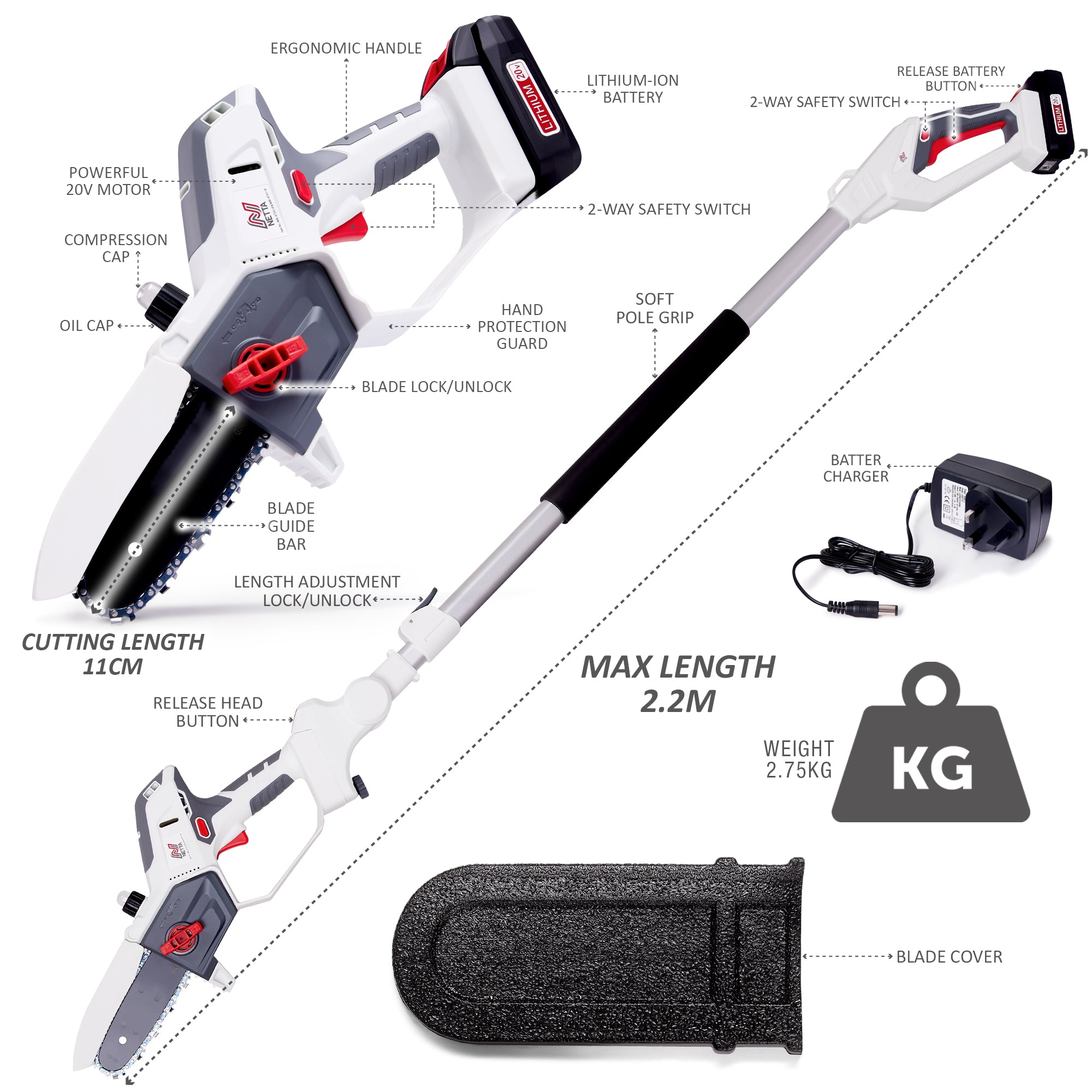 NETTA Cordless 2 in 1 Pole & Handheld Garden Chainsaw, 20V MAX, Battery & Charger Included, 2.2m Long Reach Telescopic Pole