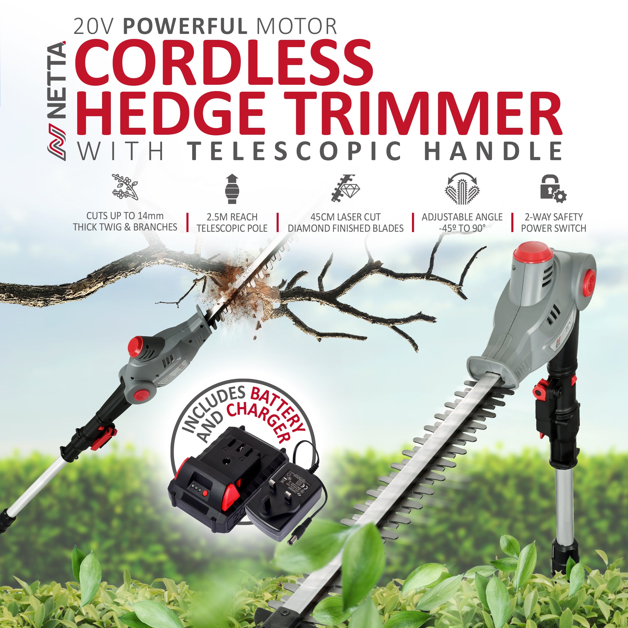 NETTA Pole Hedge Trimmer Cordless, Long Reach Telescopic Cutter, 20V Battery, Charger Included , Adjustable Head
