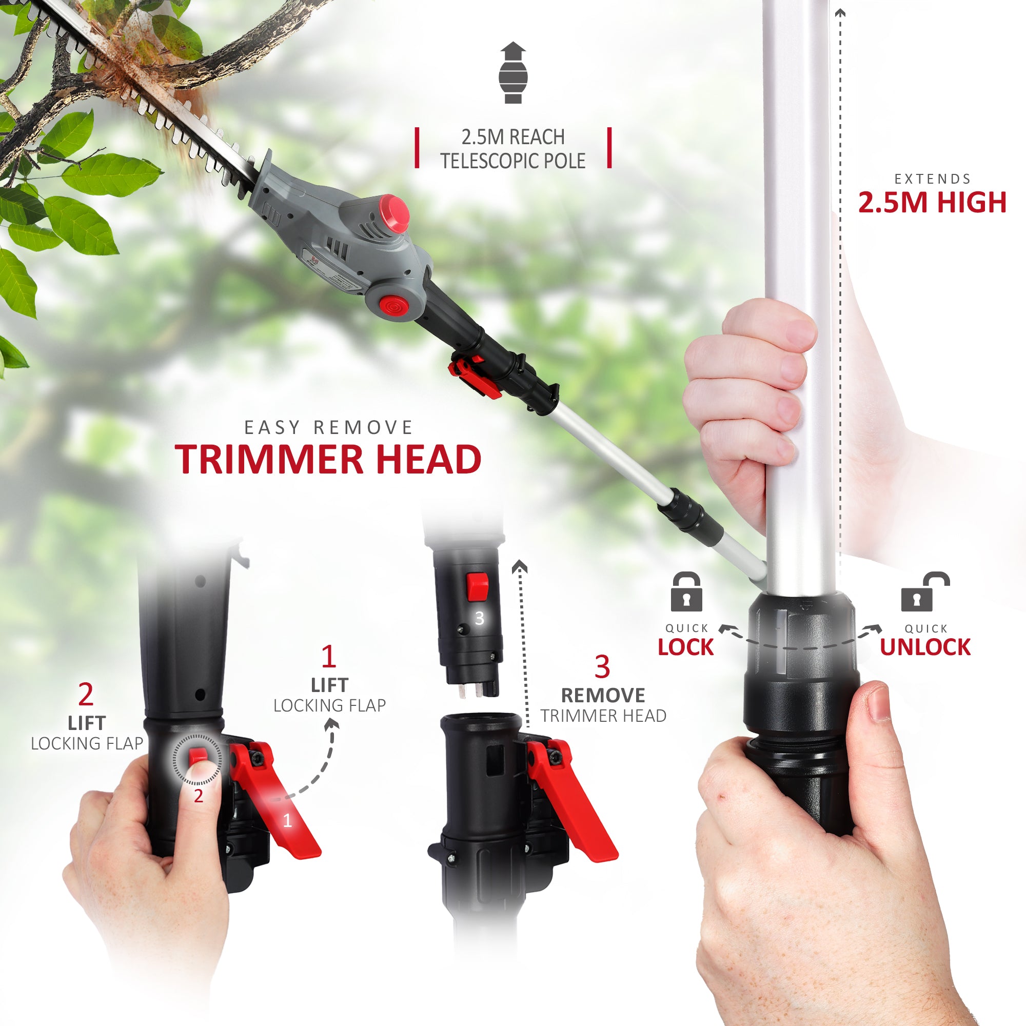 NETTA Pole Hedge Trimmer Cordless, Long Reach Telescopic Cutter, 20V Battery, Charger Included , Adjustable Head