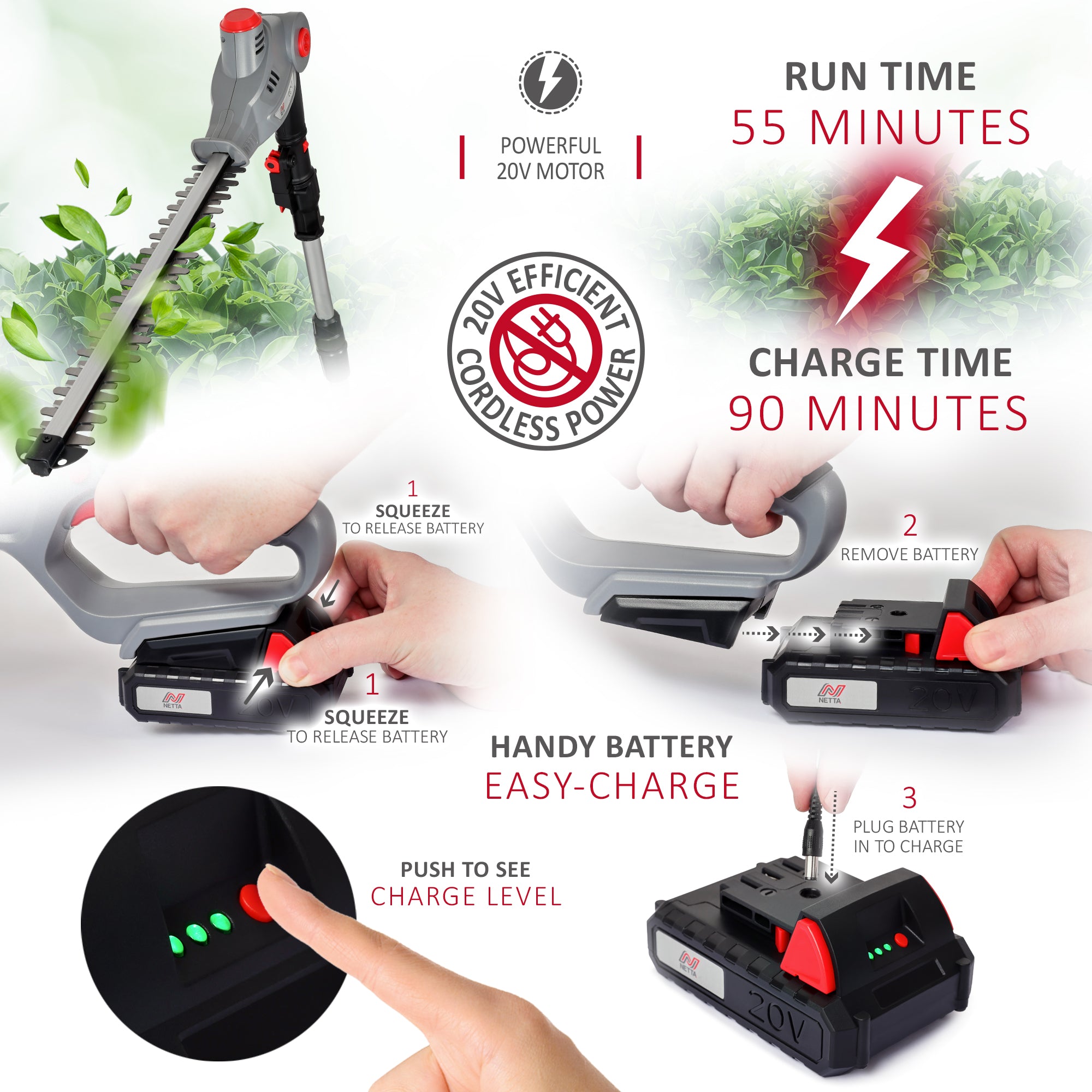 NETTA Pole Hedge Trimmer Cordless, Long Reach Telescopic Cutter, 20V Battery, Charger Included , Adjustable Head