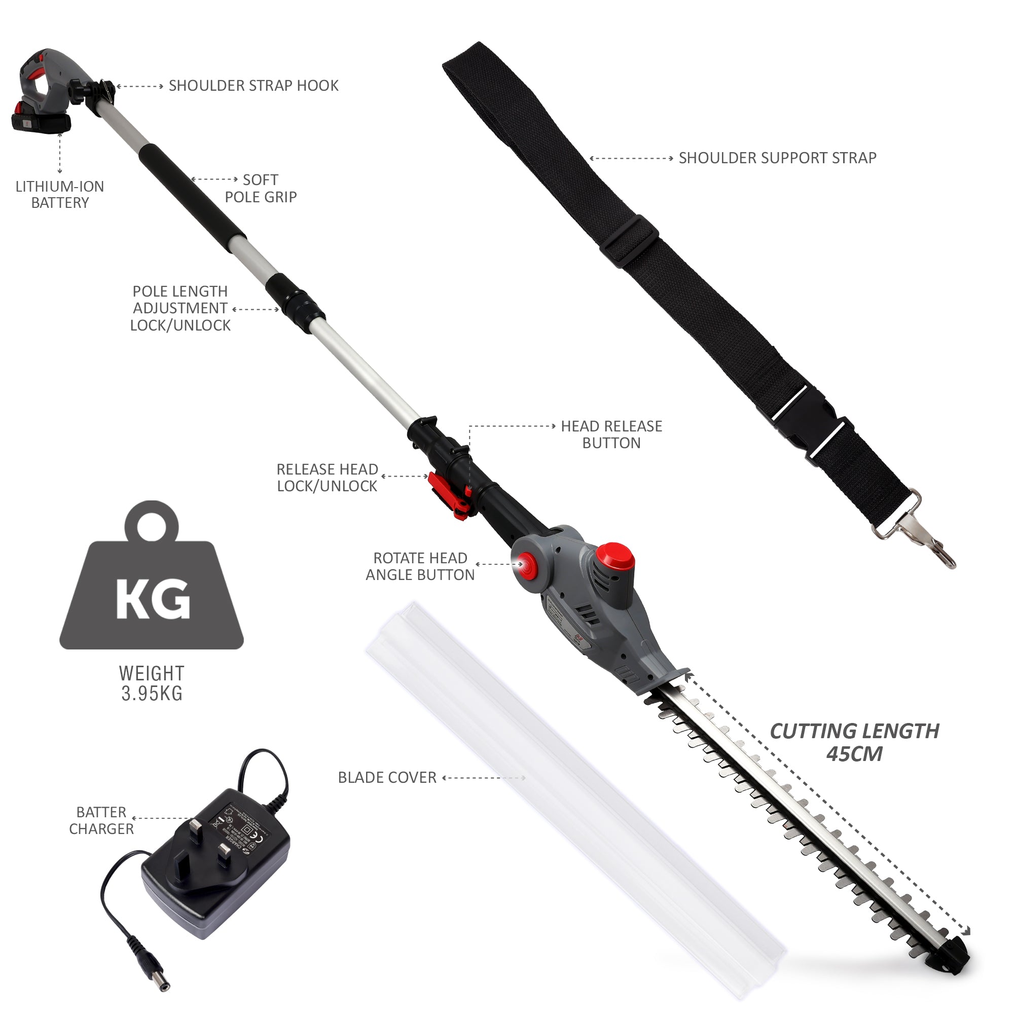 NETTA Pole Hedge Trimmer Cordless, Long Reach Telescopic Cutter, 20V Battery, Charger Included , Adjustable Head