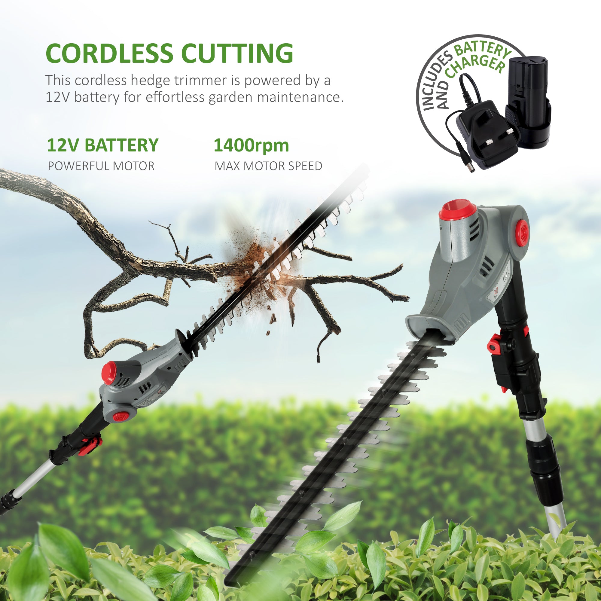 NETTA Cordless Lightweight Pole Hedge Trimmer, Battery, Charger Included 2.55KG - 2.35m Long Reach Telescopic - Adjustable Head