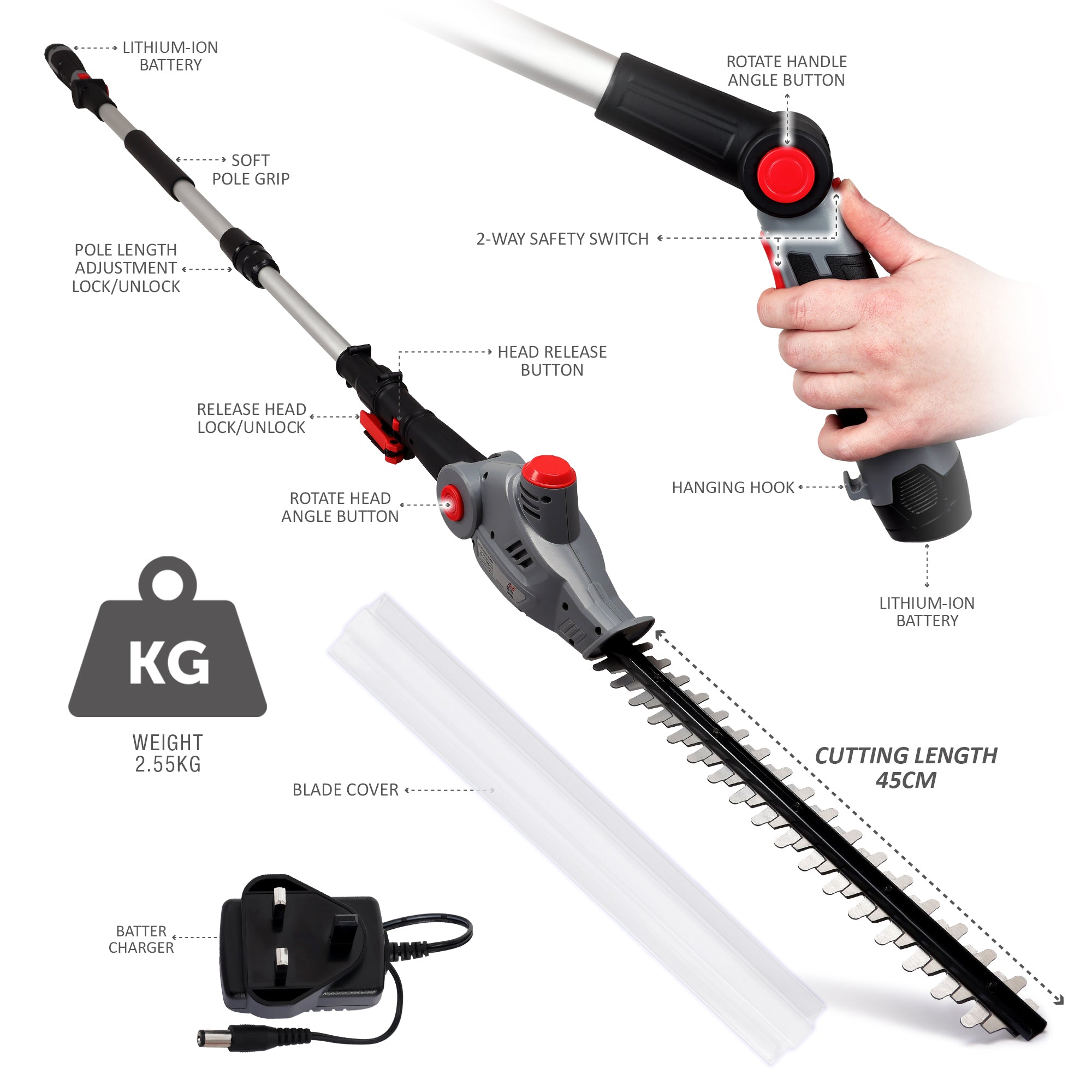 NETTA Cordless Lightweight Pole Hedge Trimmer, Battery, Charger Included 2.55KG - 2.35m Long Reach Telescopic - Adjustable Head
