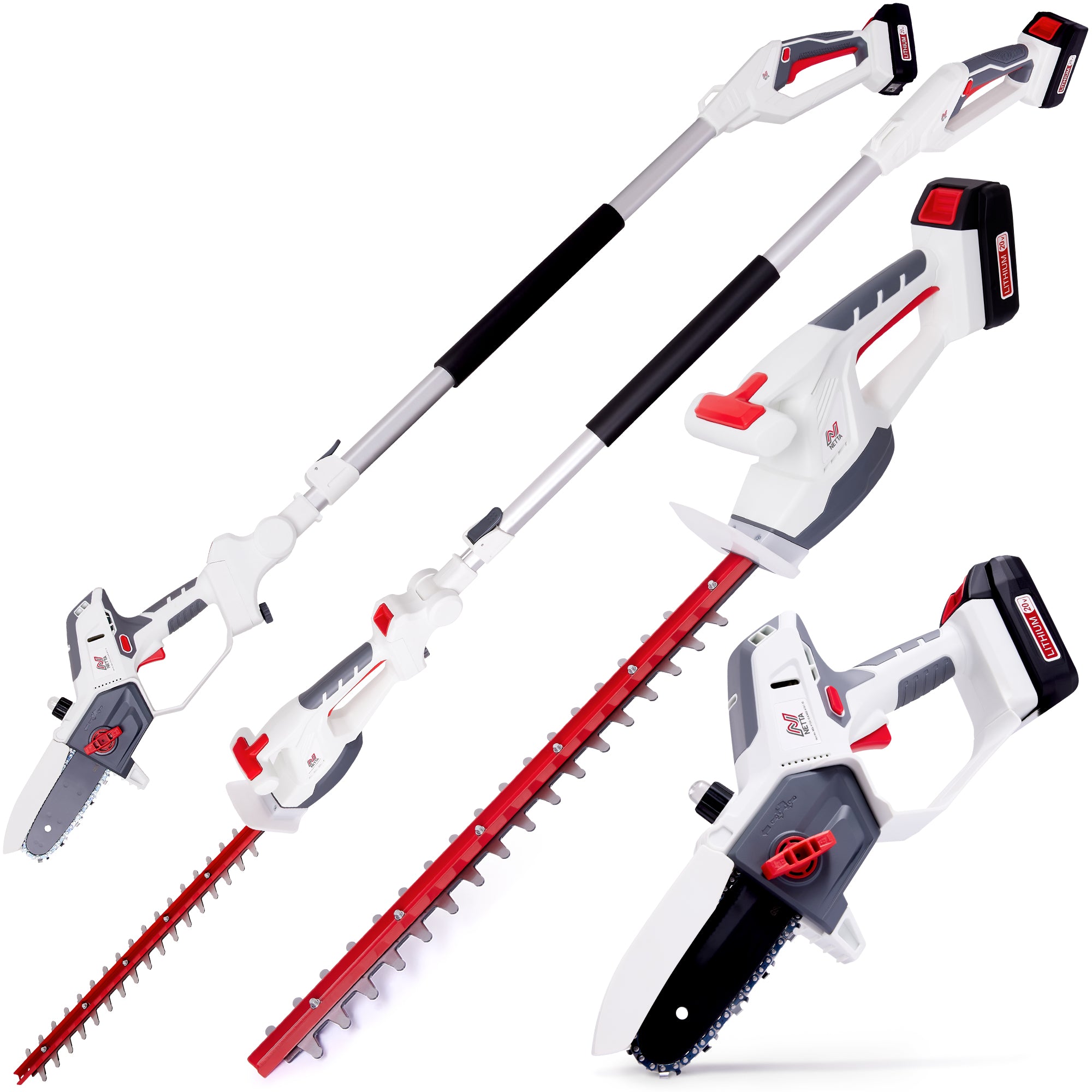 NETTA Cordless 4 in 1 Pole & Handheld Hedge Trimmer and Chainsaw, 20V MAX, Battery & Charger Included, 2.5m Long Reach Telescopic
