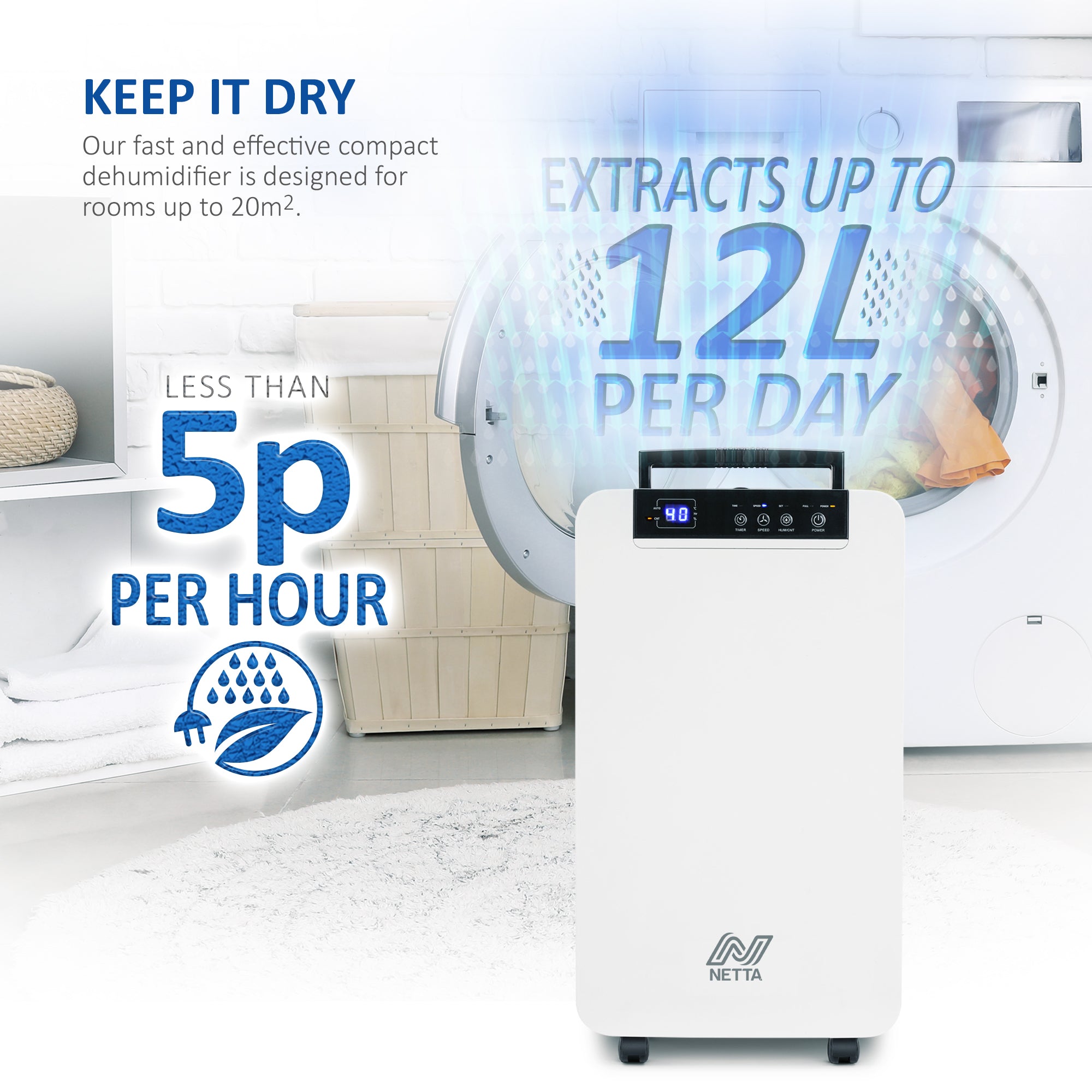 NETTA 12L Low Energy Dehumidifier Continuous Drainage Timer - Ideal for Damp, Condensation and Laundry Drying