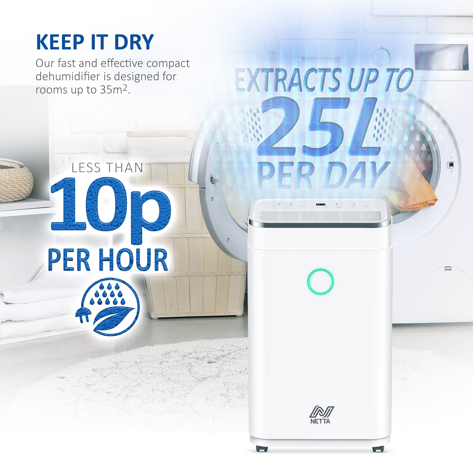 NETTA 25L Low Energy Dehumidifier Continuous Drainage Timer - Ideal for Damp, Condensation and Laundry Drying