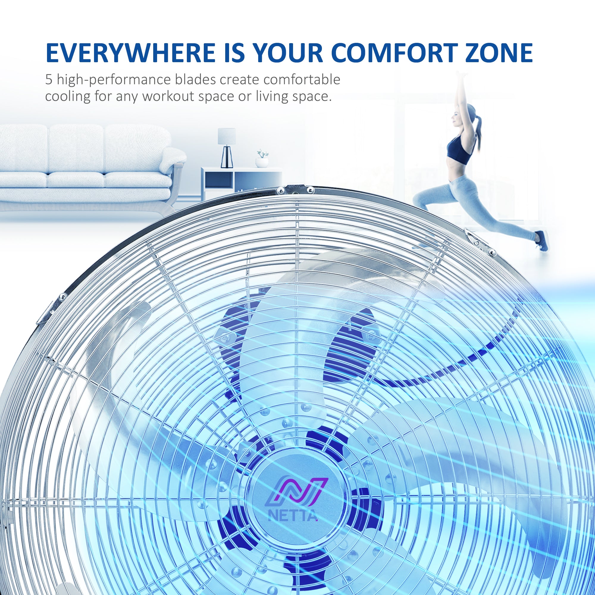 NETTA Gym Floor Fan 3 Speed Settings and Tilt Option, Powerful Circulation, Wall Mountable Chrome