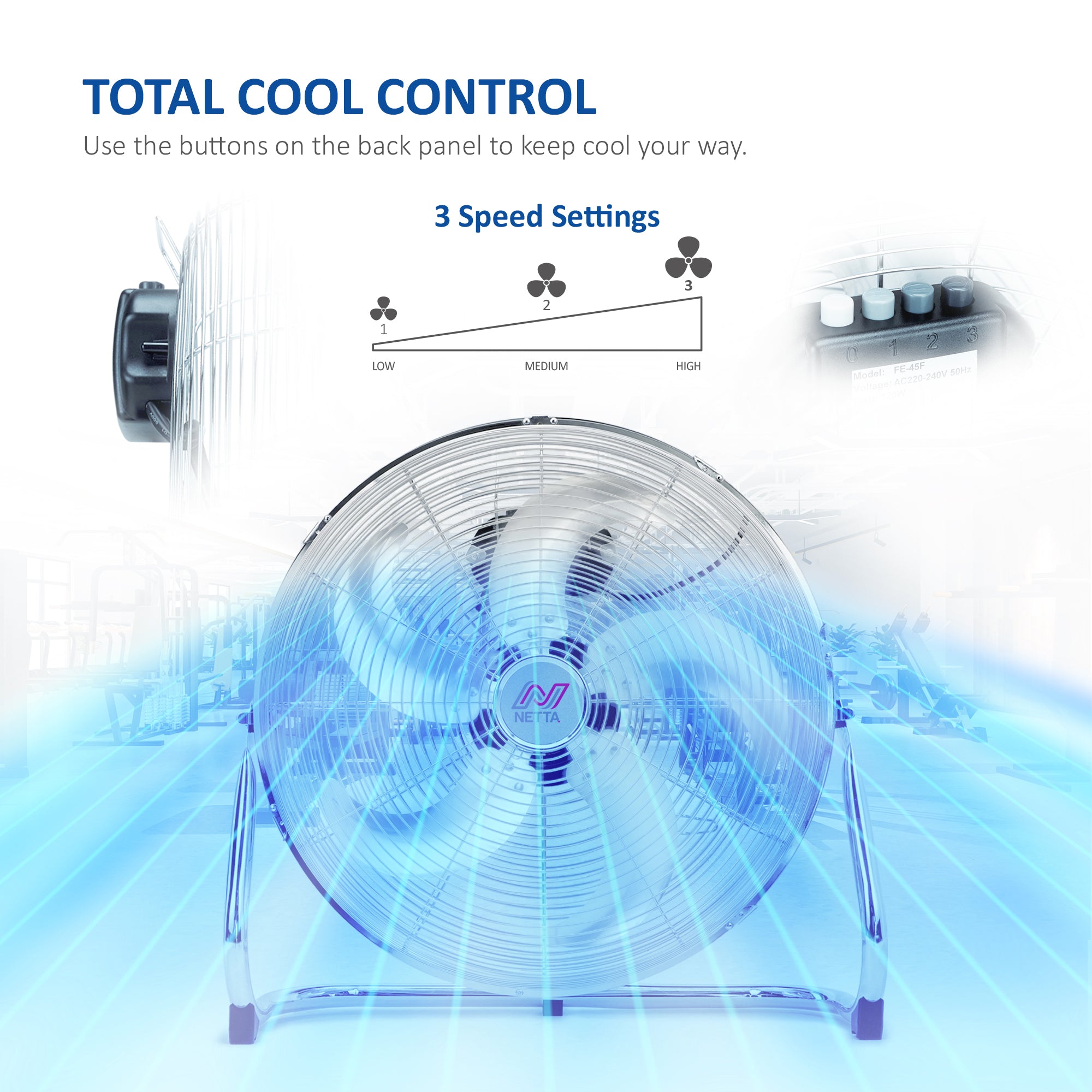 NETTA Gym Floor Fan 3 Speed Settings and Tilt Option, Powerful Circulation, Wall Mountable Chrome