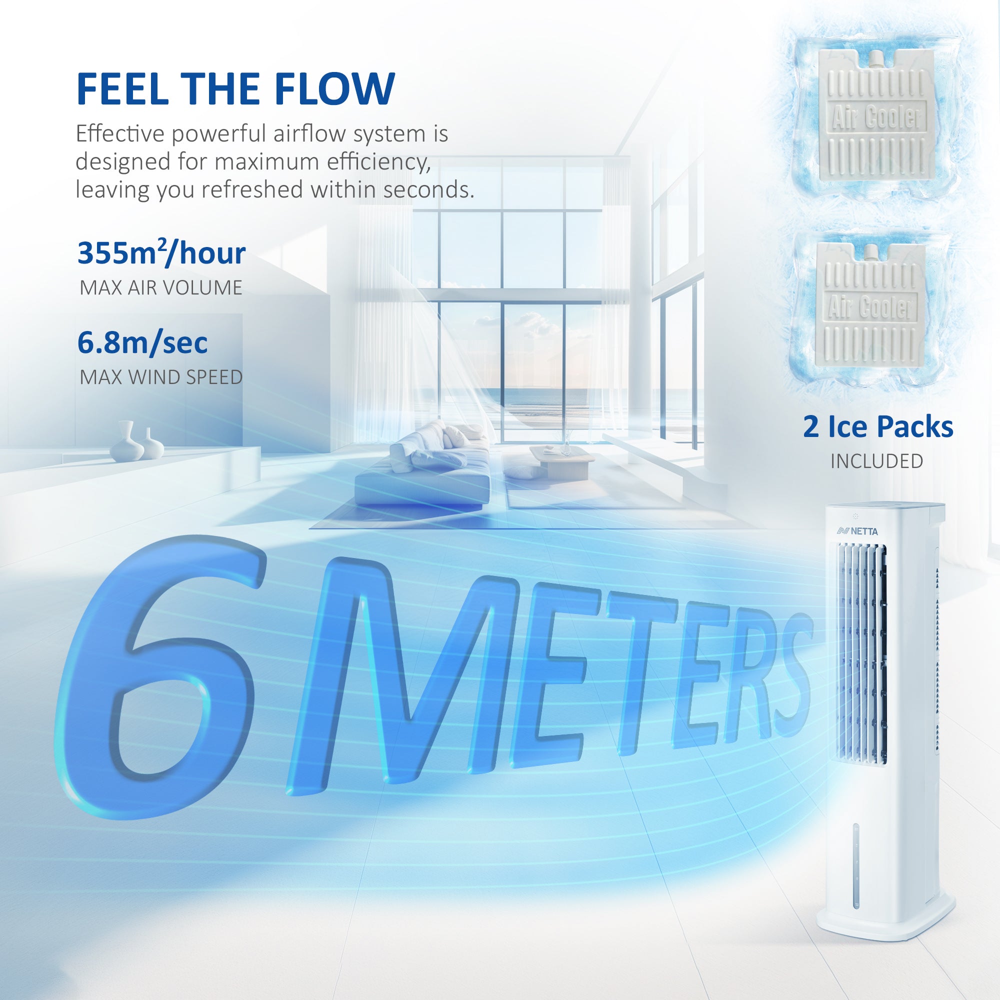 NETTA 5L 3 In 1 Air Cooler - Tower Fan - Humidifier with Remote, 7 Hour Timer