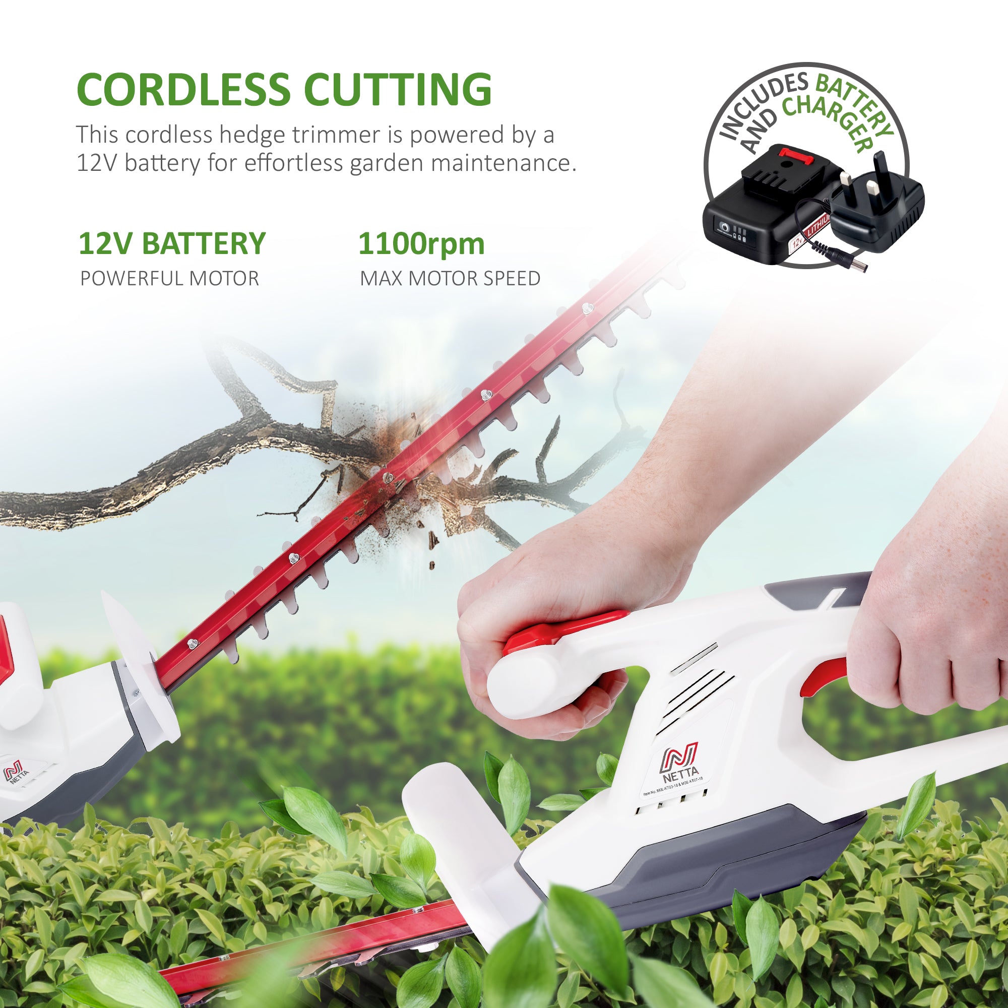 NETTA Cordless Hedge Trimmer & Cutter - Ultra-Light, Lithium-Ion Battery, Charger Included