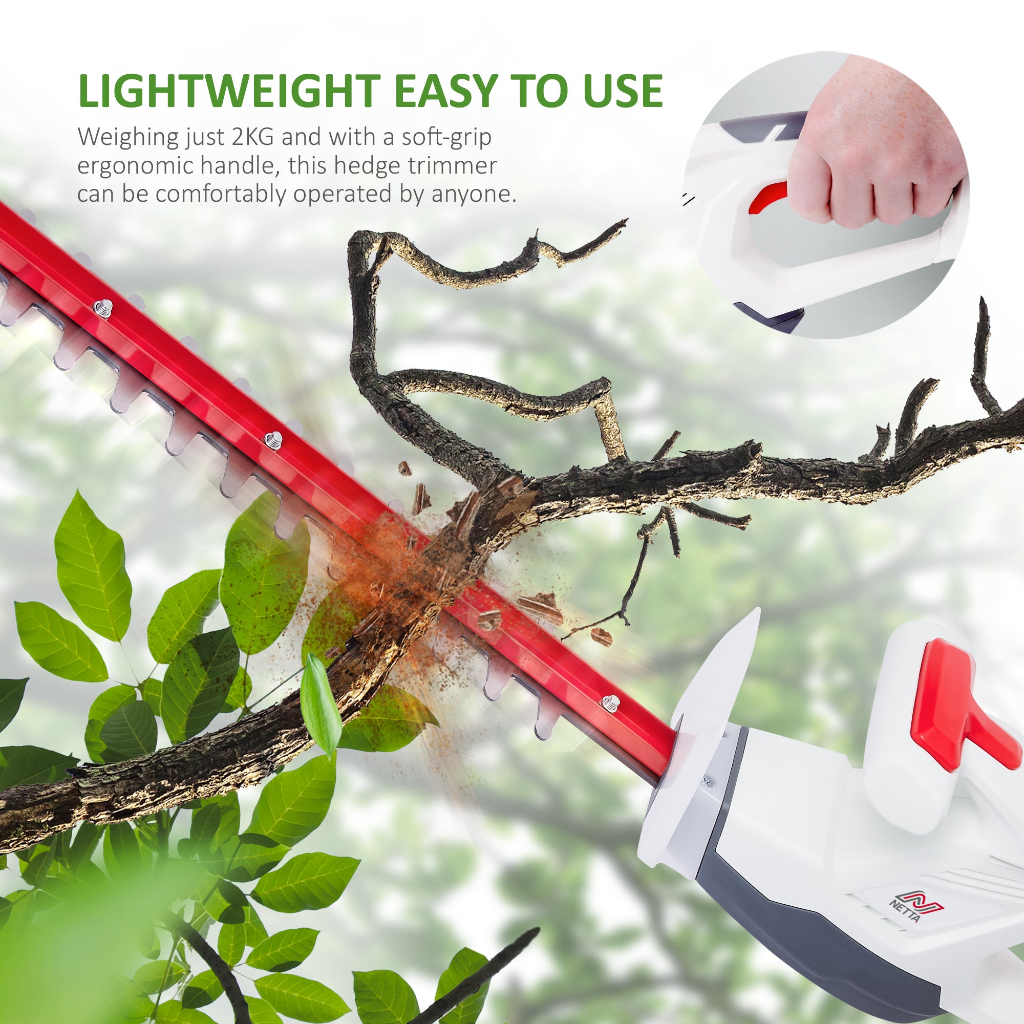 NETTA Cordless Hedge Trimmer & Cutter - 12V Ultra-Light, Lithium-Ion Battery, Charger Included