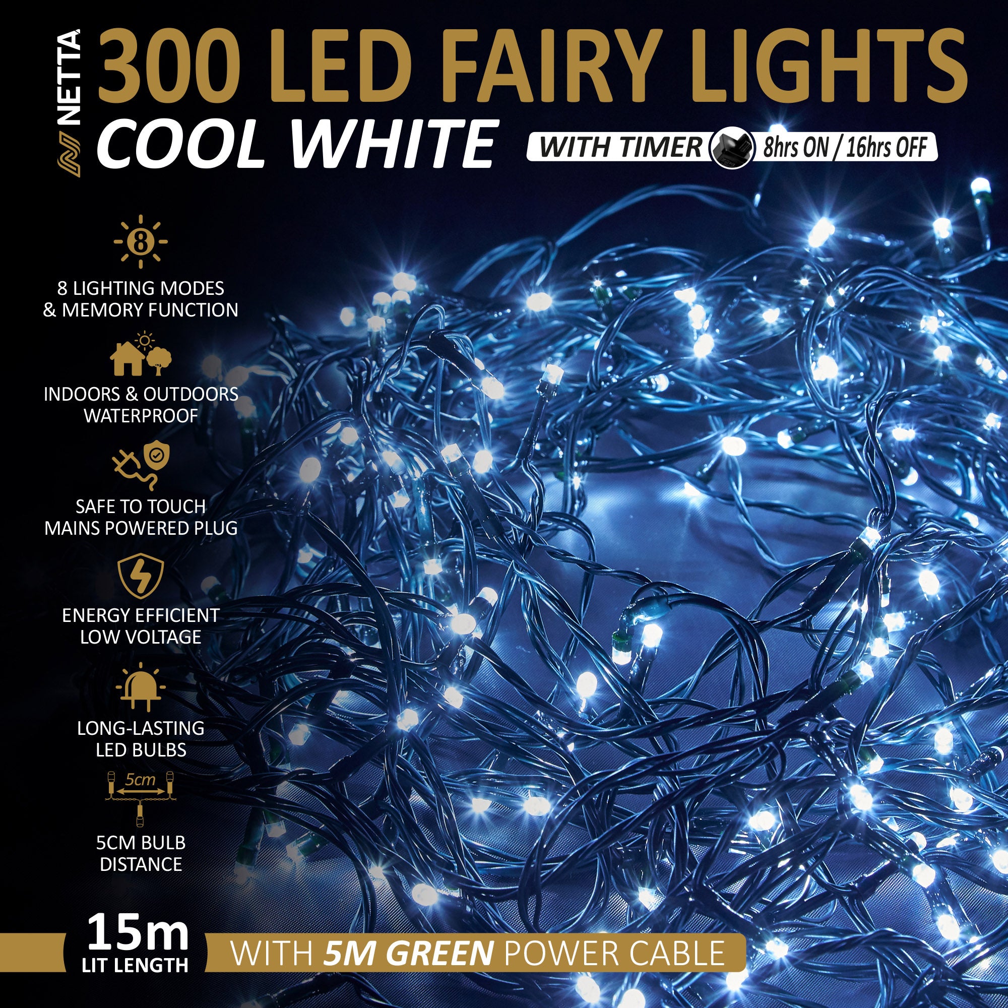 NETTA Christmas Tree Lights LED 5m Fairy String Lights Plug in with Timer and Memory Functions for Outdoor/Indoor Use