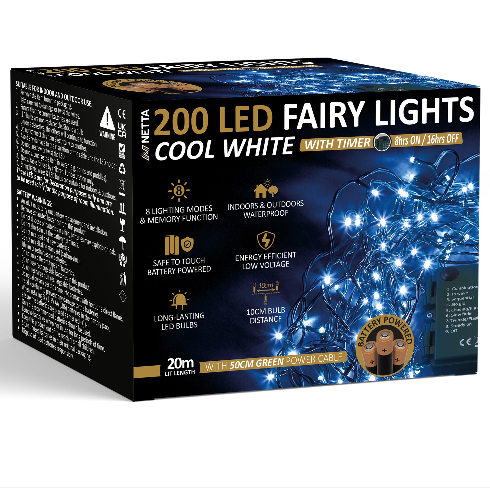 NETTA Battery Operated 100 LED 10M Christmas Tree Fairy Lights with Timer - 8 Different Mode String Lights