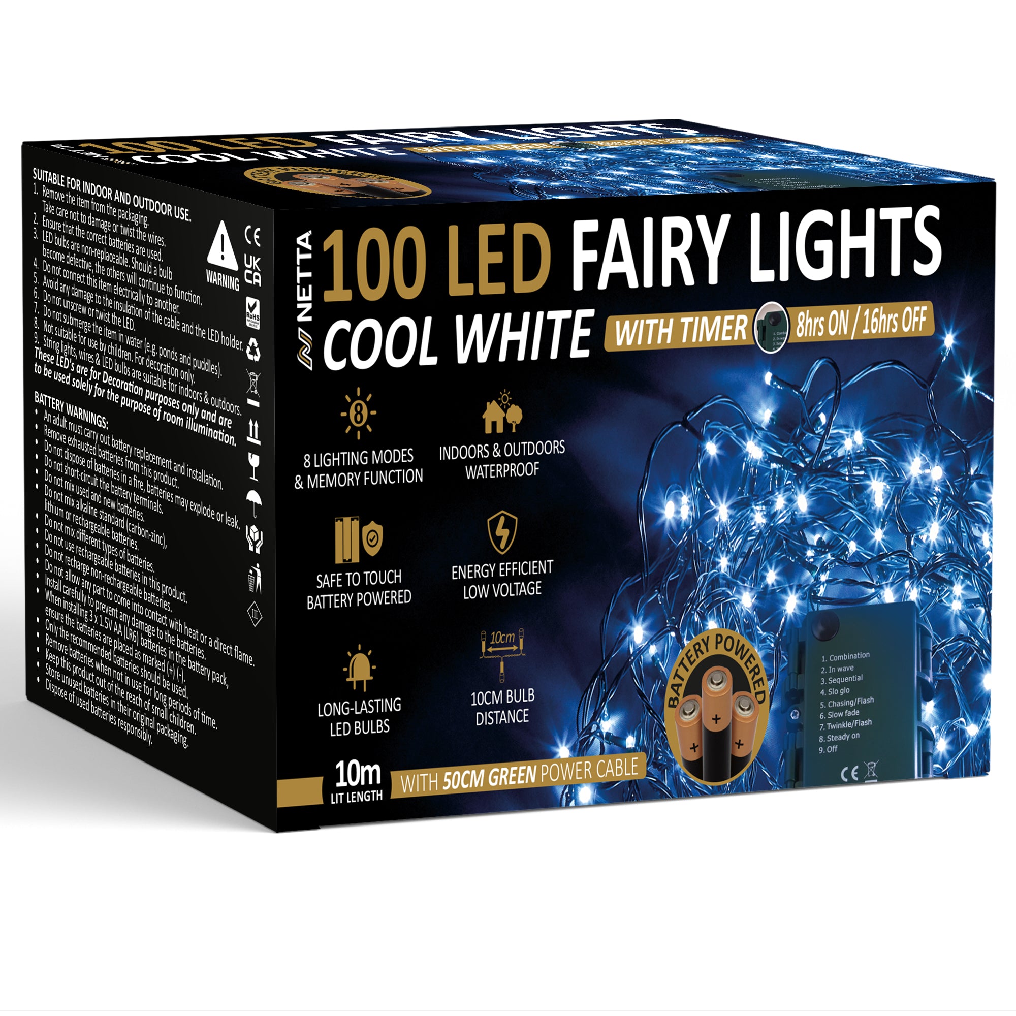 NETTA Battery Operated 100 LED 10M Christmas Tree Fairy Lights with Timer - 8 Different Mode String Lights