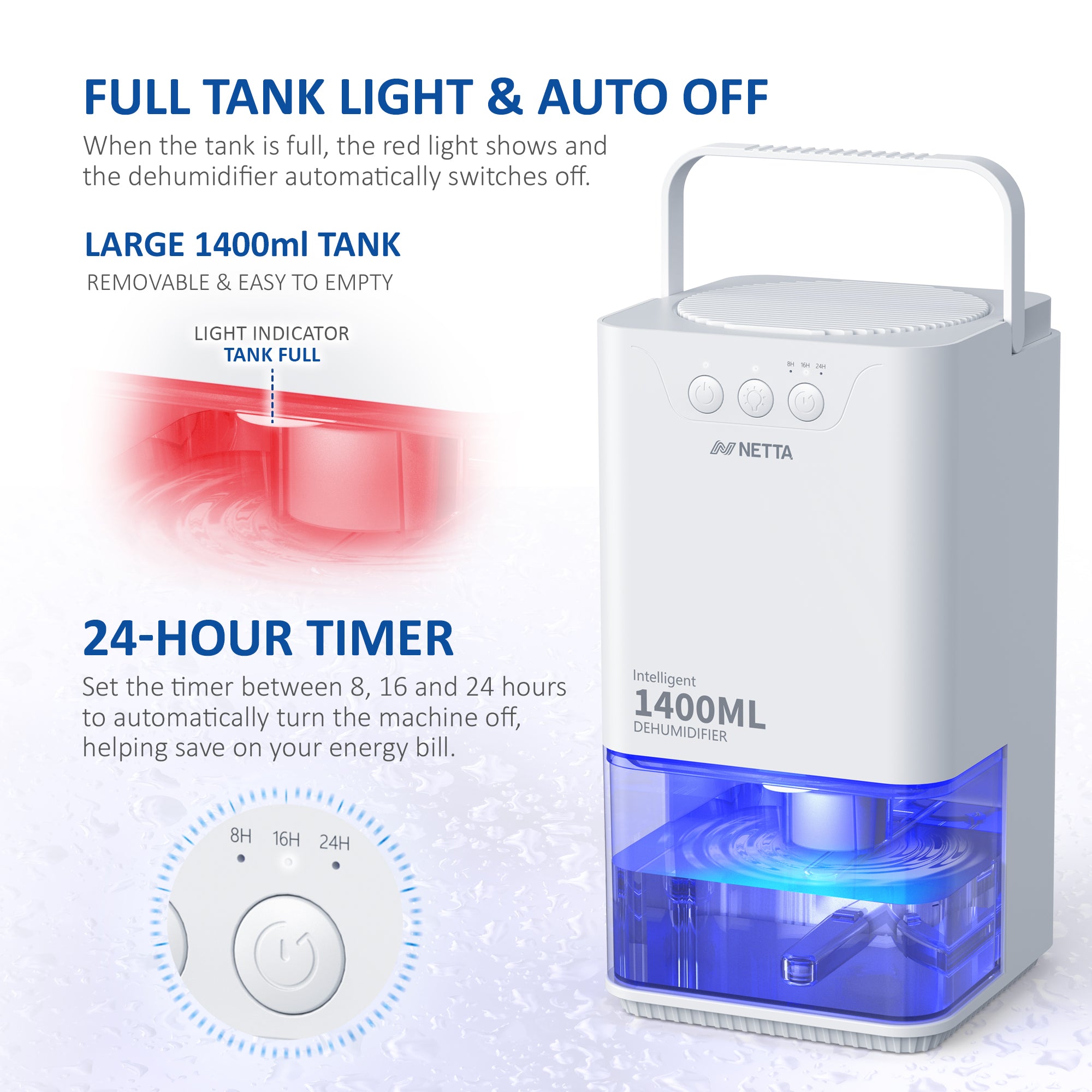 NETTA 1400ml Mini Dehumidifier for Removing Damp, Mould, Moisture with 24h Timer, 3 Colourful LED and Ultra-Quiet Operation