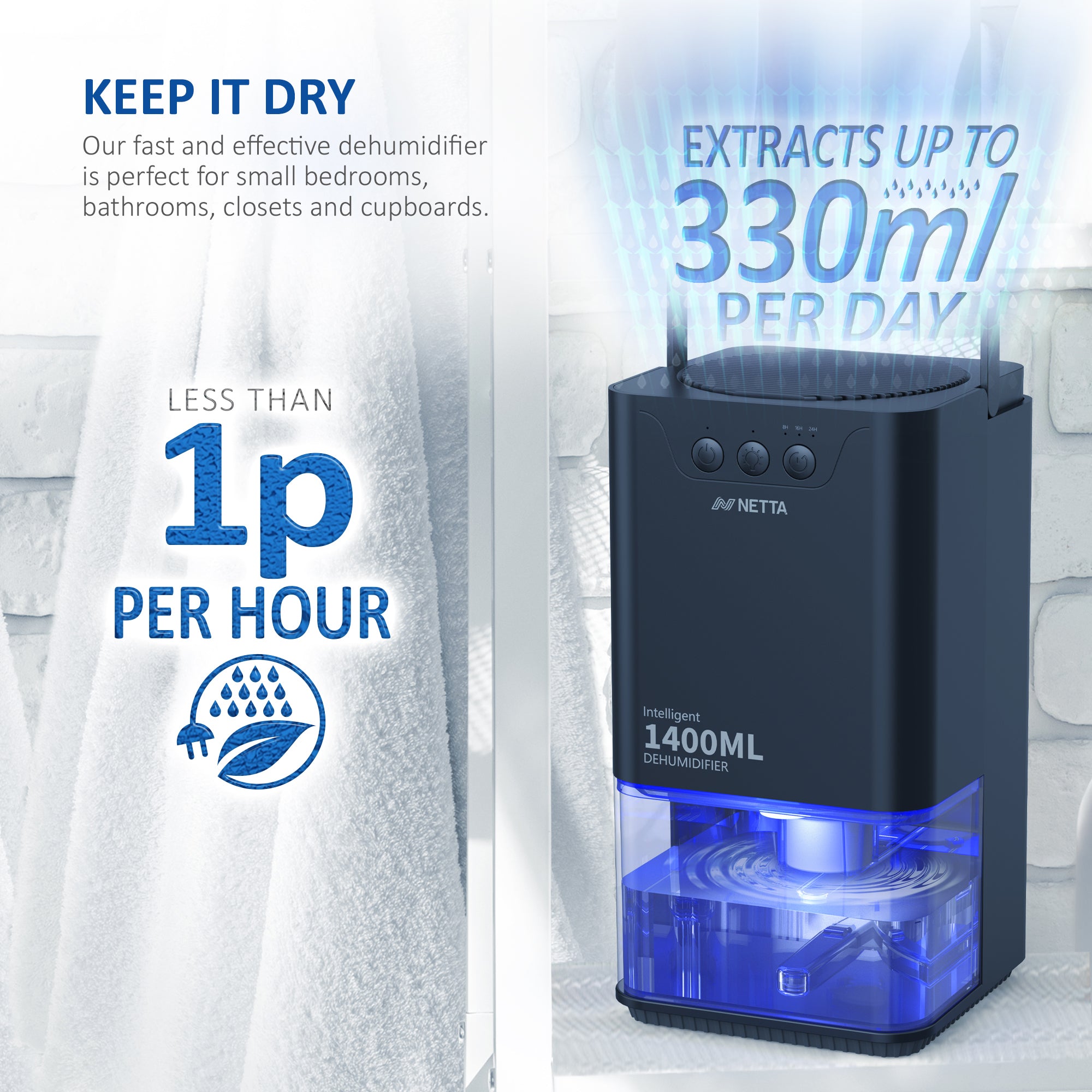 NETTA Dehumidifiers for Home Damp 1400ml Dehumidifier with Ultra Quiet & Auto Shut off 3 Colorful LED
