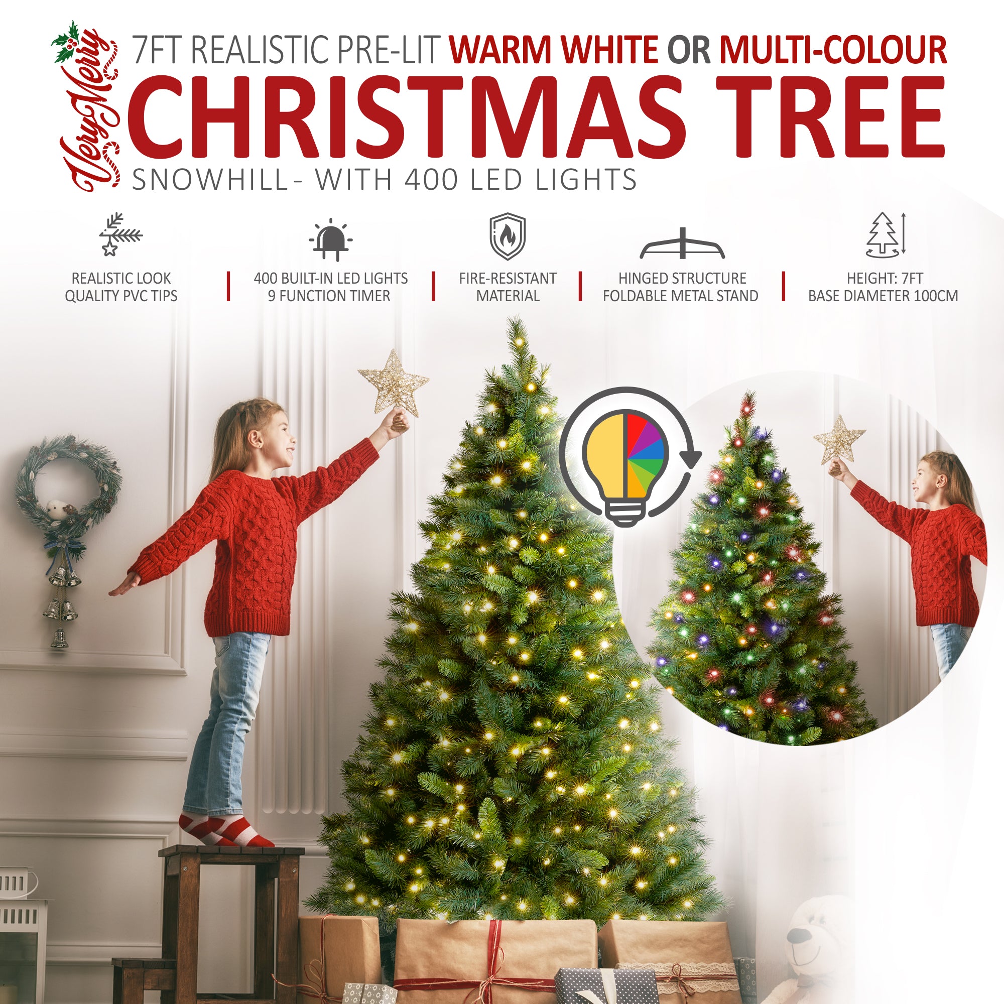 VeryMerry 7FT Pre Lit Christmas Tree 2in1 Dual-Color - Warm White/Multi Colour 400 LED Lights with Auto-Off Timer
