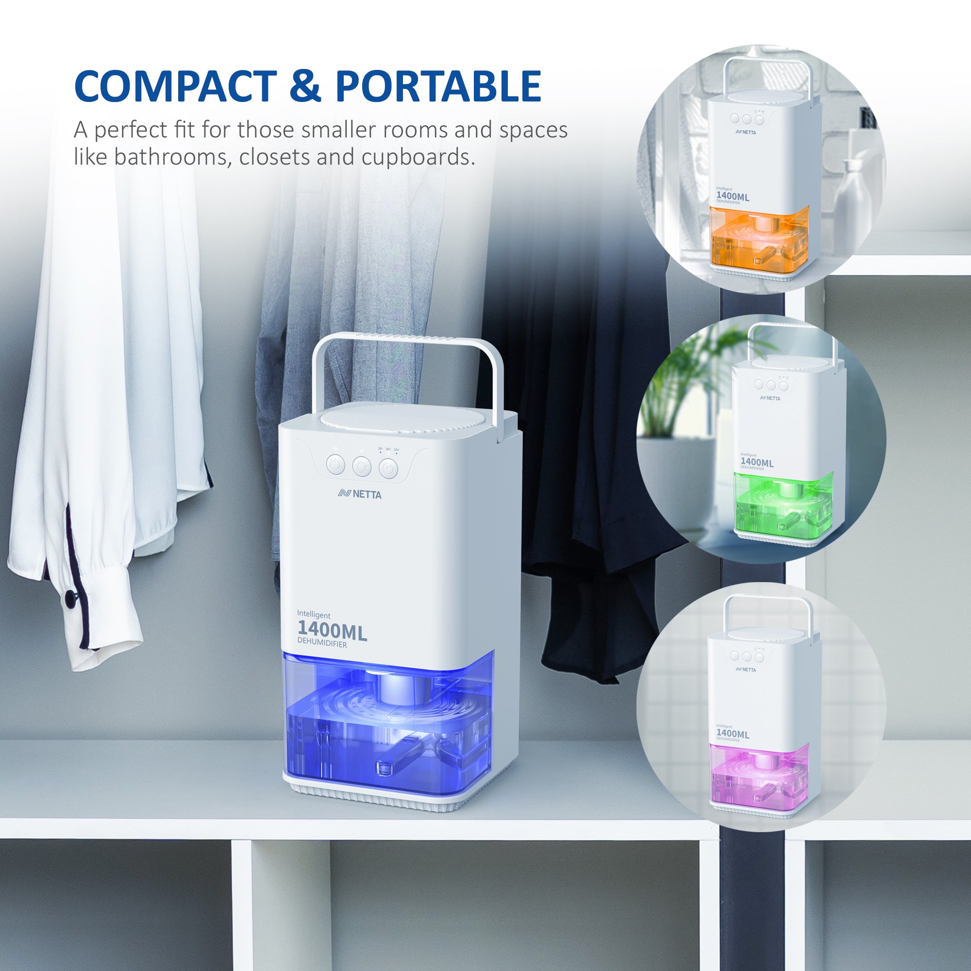 NETTA Dehumidifiers for Home Damp 1400ml Dehumidifier with Ultra Quiet & Auto Shut off 3 Colorful LED