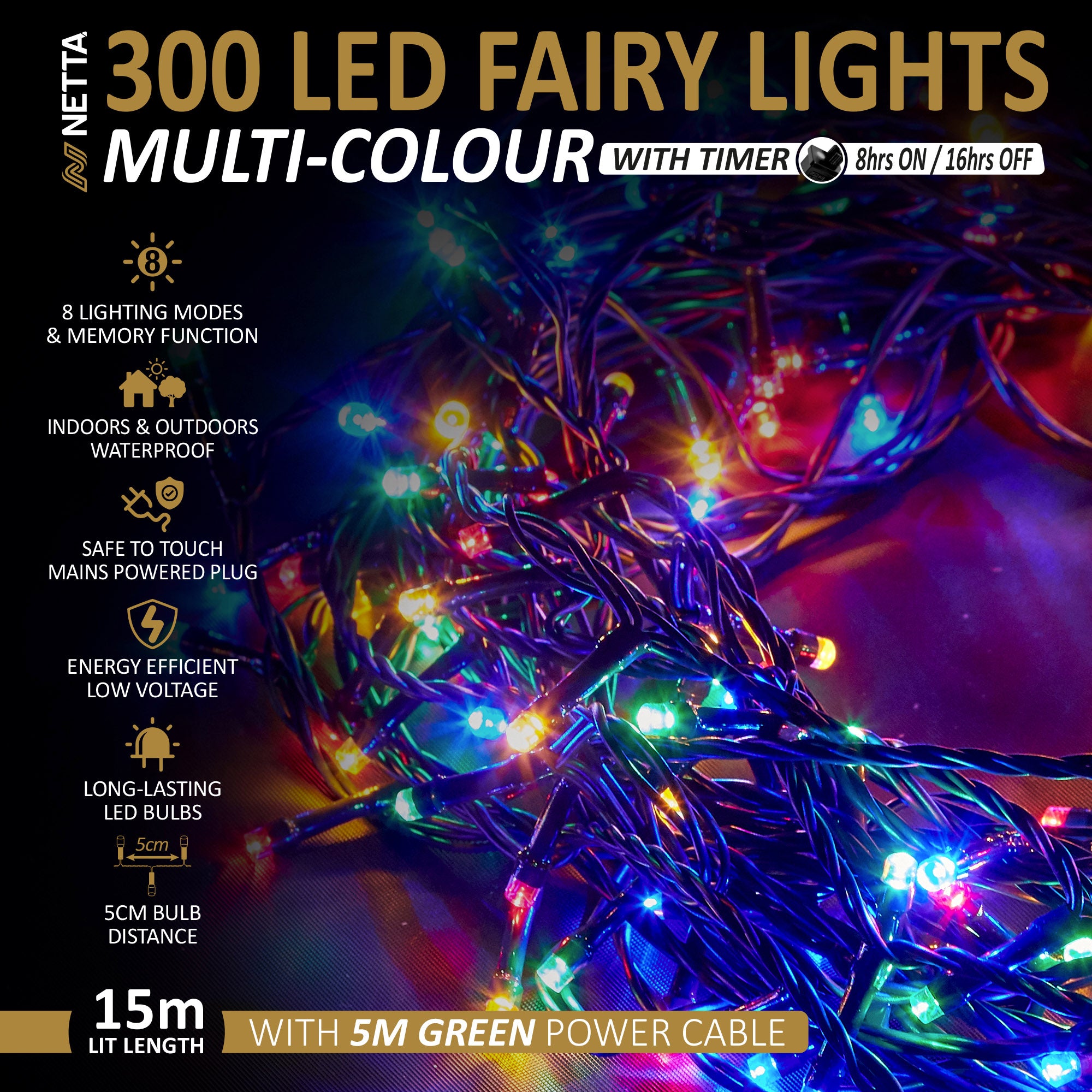 NETTA Christmas Tree Lights LED 5m Fairy String Lights Plug in with Timer and Memory Functions for Outdoor/Indoor Use