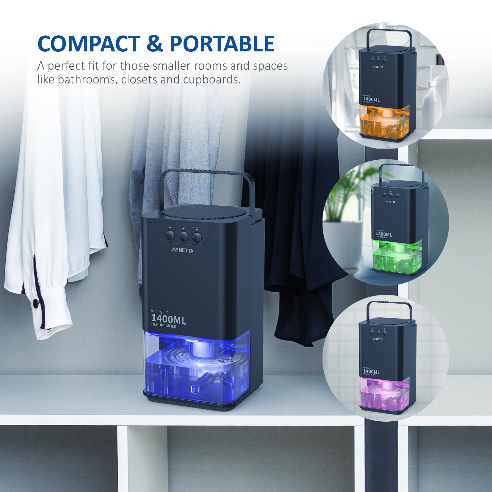 NETTA 1400ml Mini Dehumidifier for Removing Damp, Mould, Moisture with 24h Timer, 3 Colourful LED and Ultra-Quiet Operation