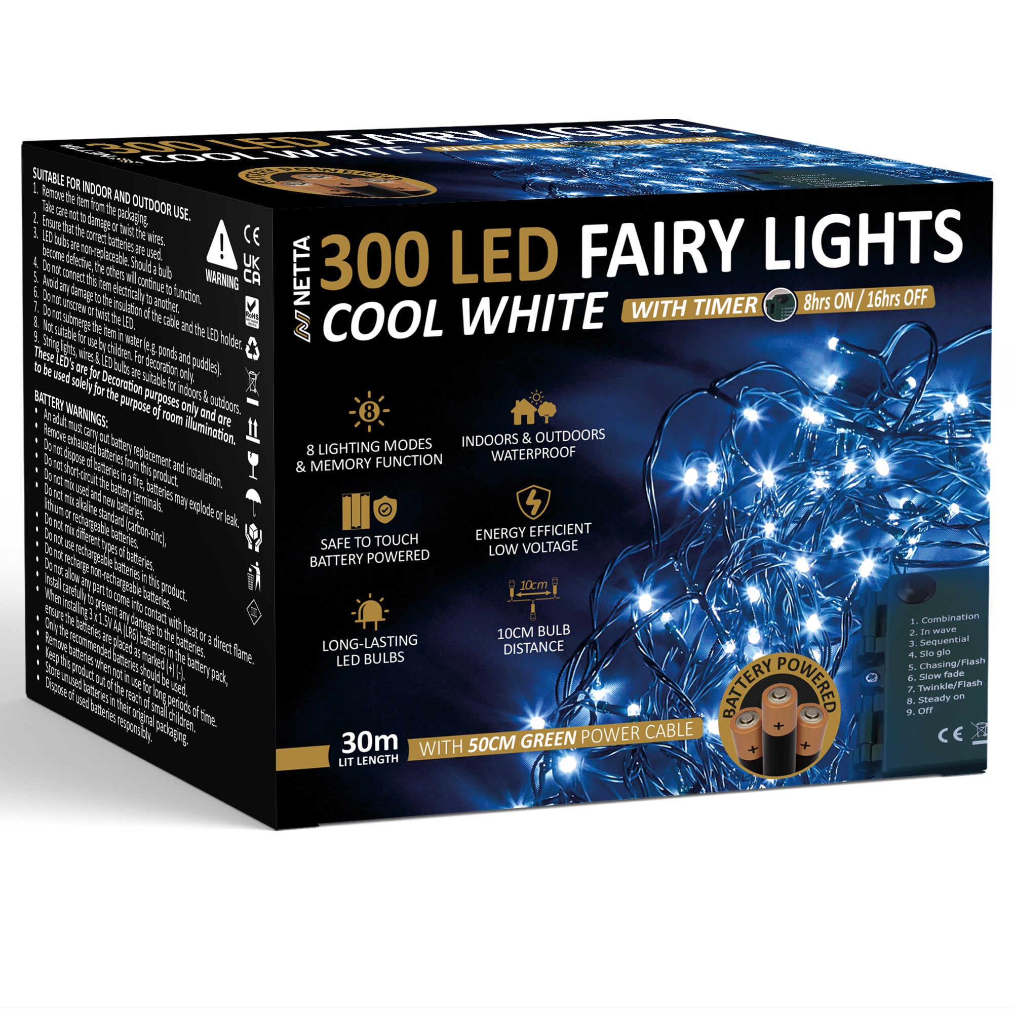 NETTA Battery Operated 100 LED 10M Christmas Tree Fairy Lights with Timer - 8 Different Mode String Lights