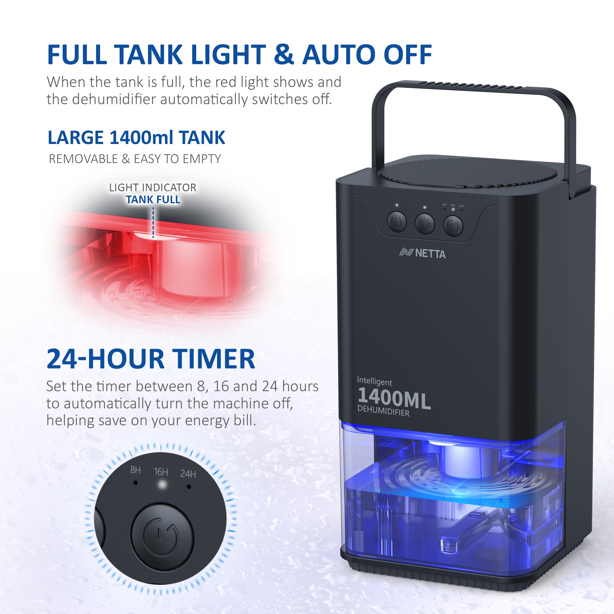 NETTA Dehumidifiers for Home Damp 1400ml Dehumidifier with Ultra Quiet & Auto Shut off 3 Colorful LED