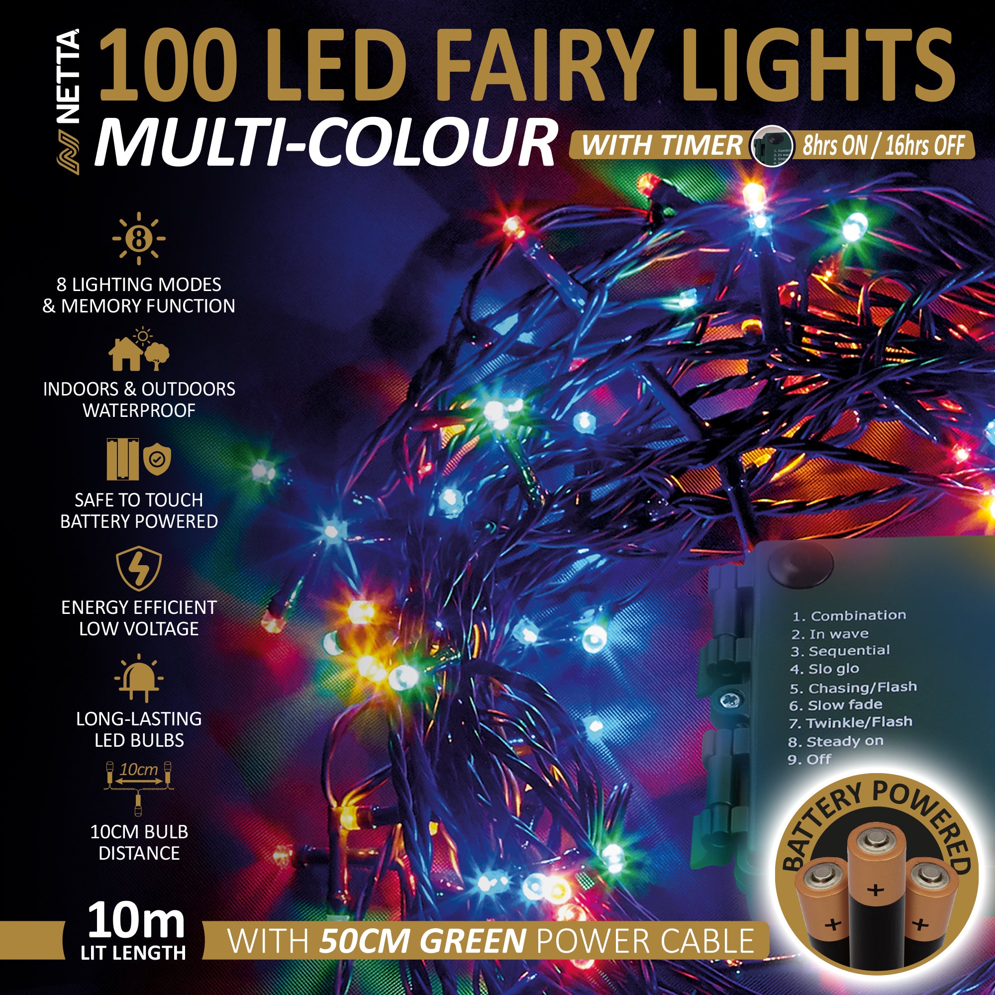 NETTA Battery Operated 100 LED 10M Christmas Tree Fairy Lights with Timer - 8 Different Mode String Lights