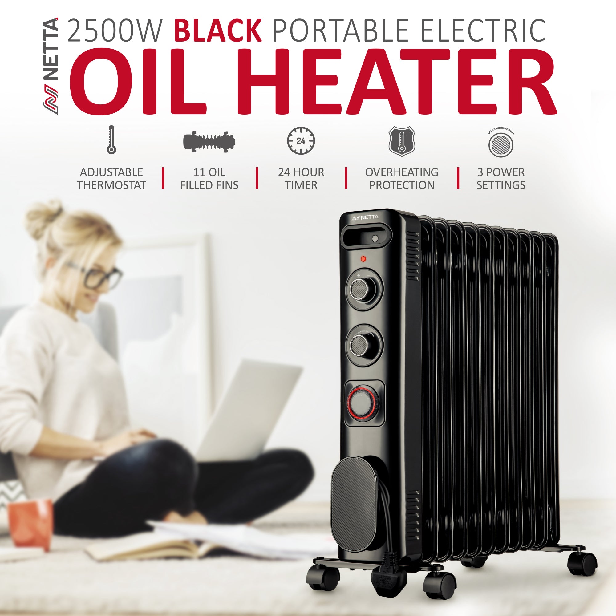 NETTA Electric Oil Filled Radiator 2500W, Portable Heater with Thermostat & 24 Hour Timer, 3 Power Settings, 11 Fin