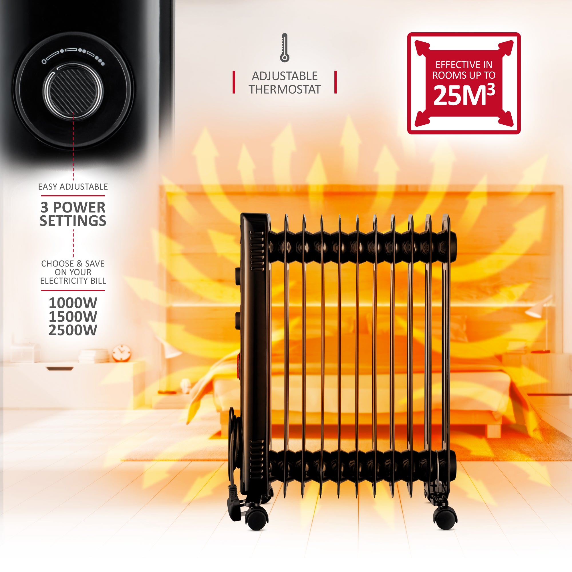 NETTA Electric Oil Filled Radiator 2500W, Portable Heater with Thermostat & 24 Hour Timer, 3 Power Settings, 11 Fin