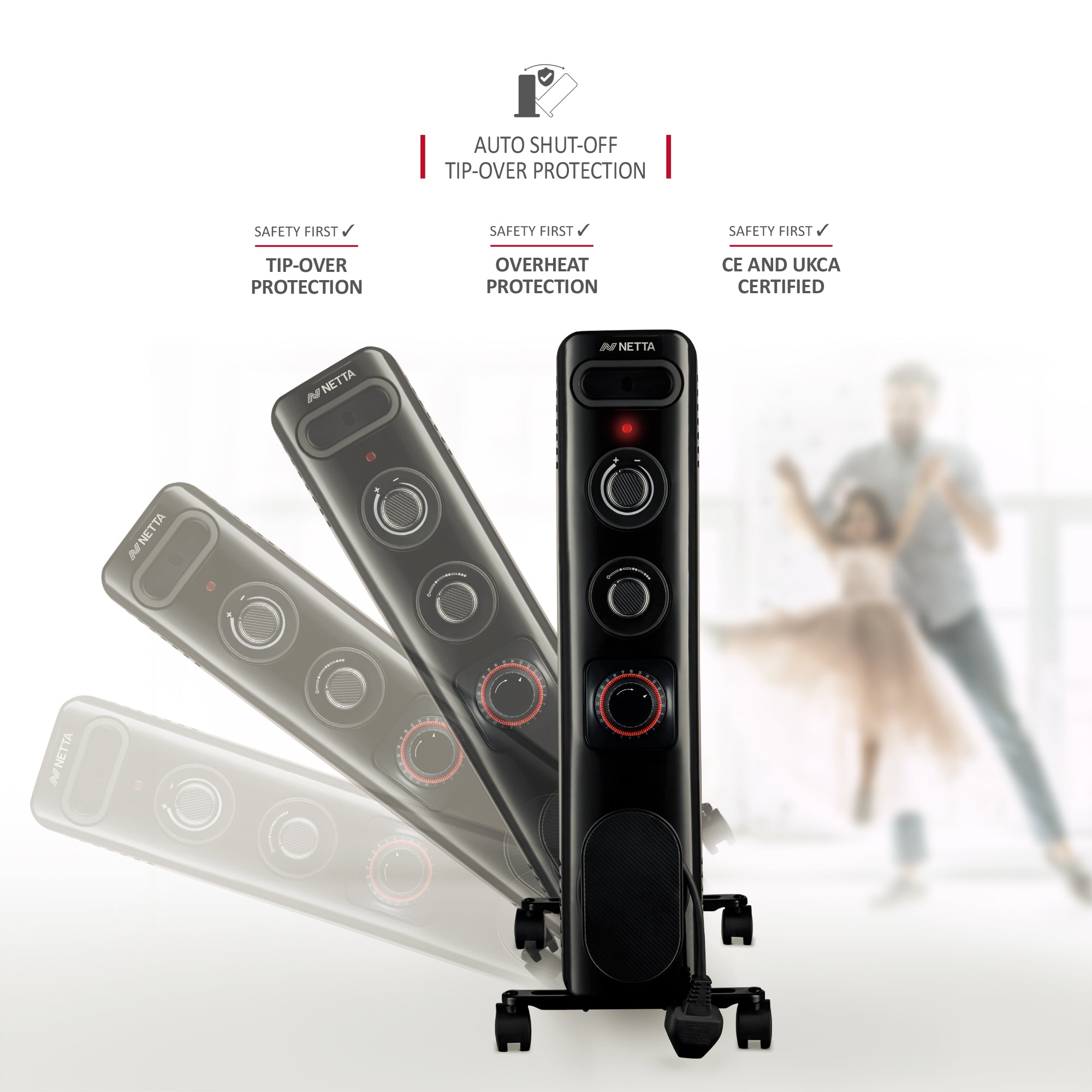 NETTA Electric Oil Filled Radiator 2500W, Portable Heater with Thermostat & 24 Hour Timer, 3 Power Settings, 11 Fin