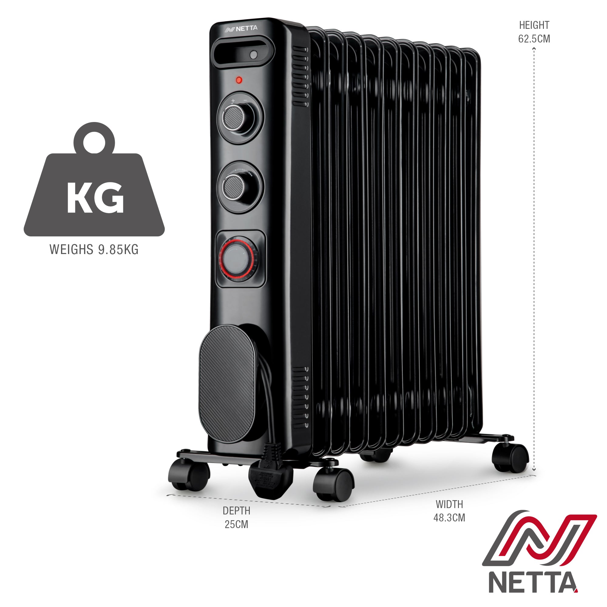 NETTA Electric Oil Filled Radiator 2500W, Portable Heater with Thermostat & 24 Hour Timer, 3 Power Settings, 11 Fin