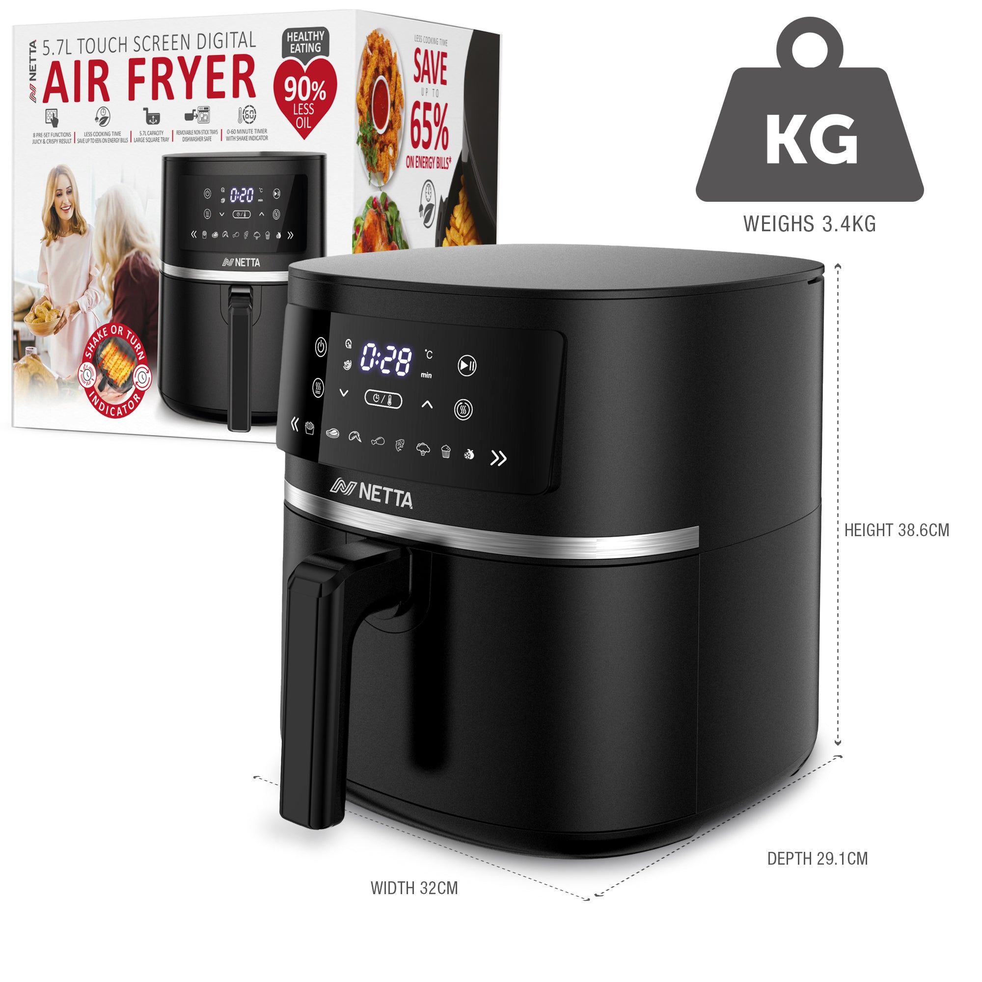 NETTA 5.7L Digital Air Fryer with Drawer and Detachable Non-Stick Frying Tray