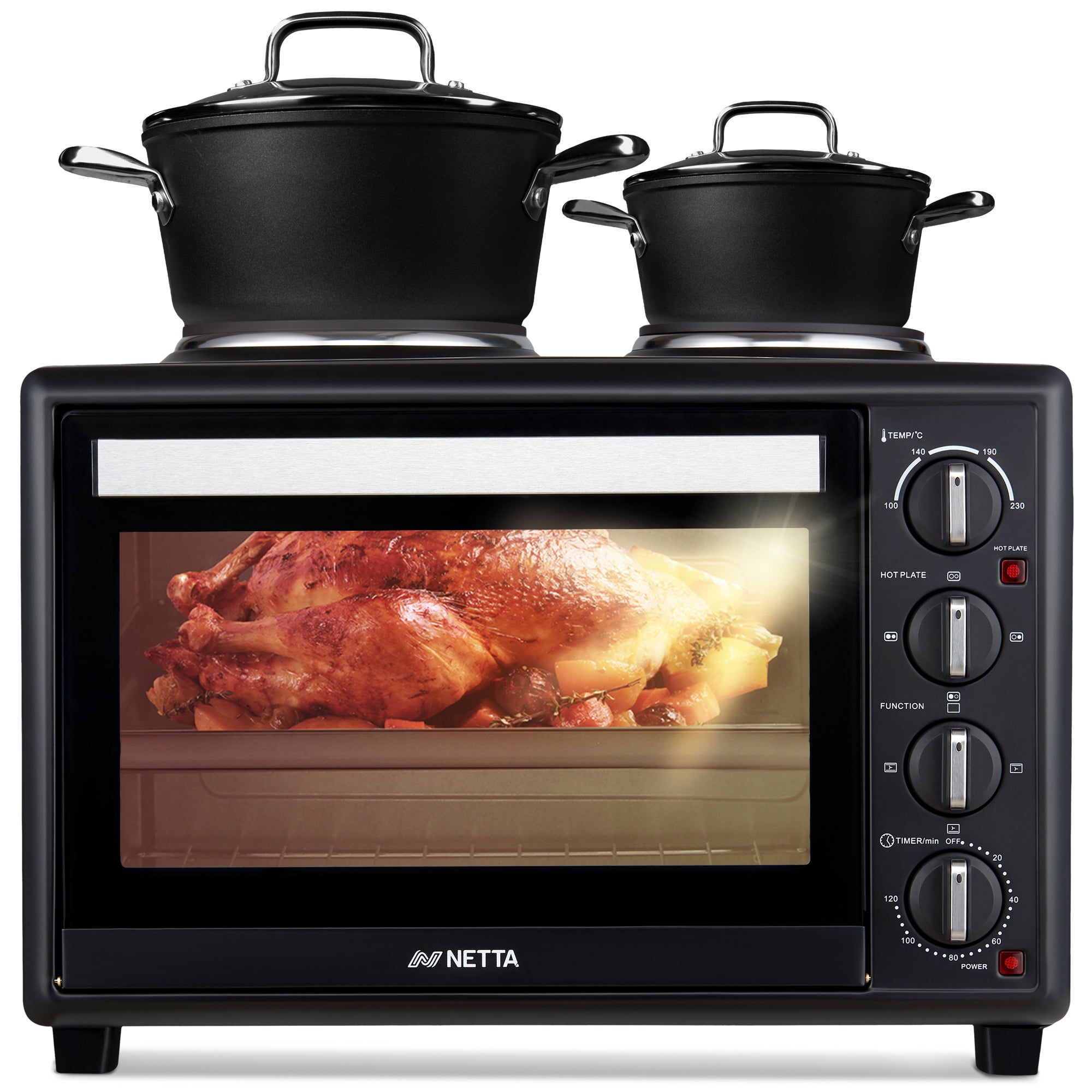 NETTA 35L Electric Mini Oven with Double Hotplate, Multiple Cooking Functions & Grill, Temperature Control Timer Black