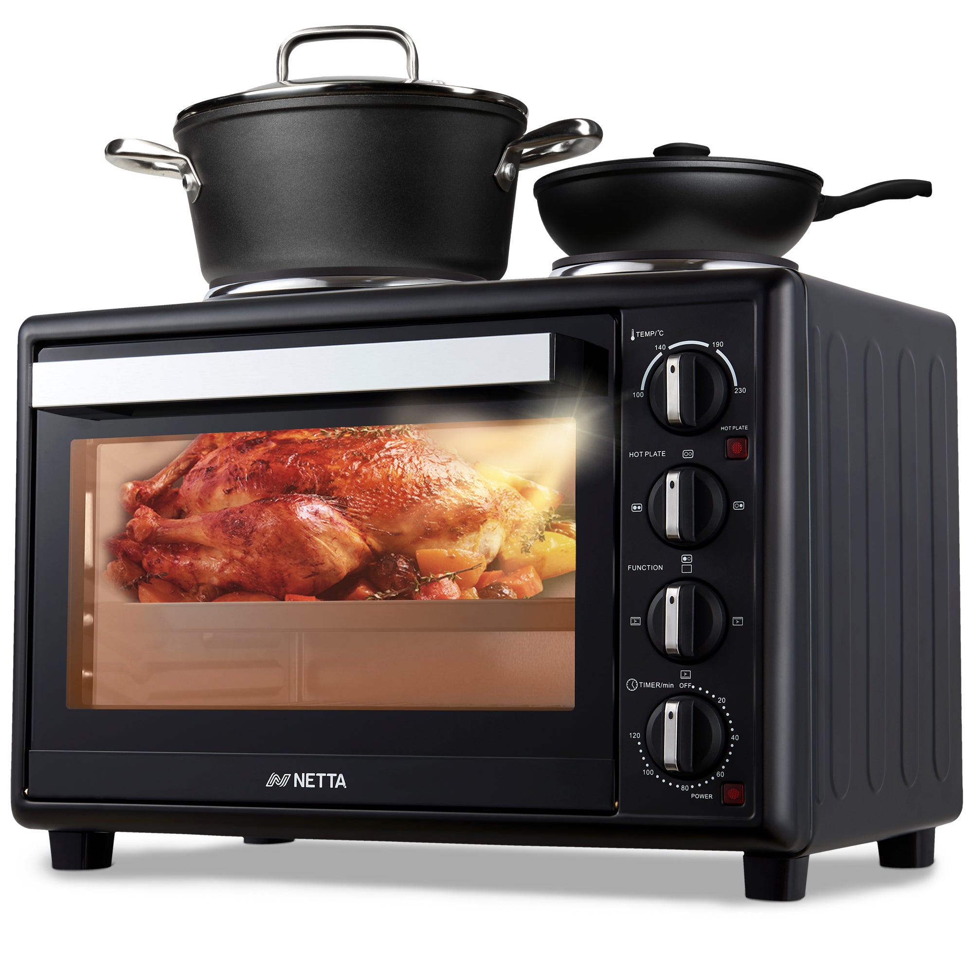 NETTA 35L Electric Mini Oven with Double Hotplate, Multiple Cooking Functions & Grill, Temperature Control Timer Black