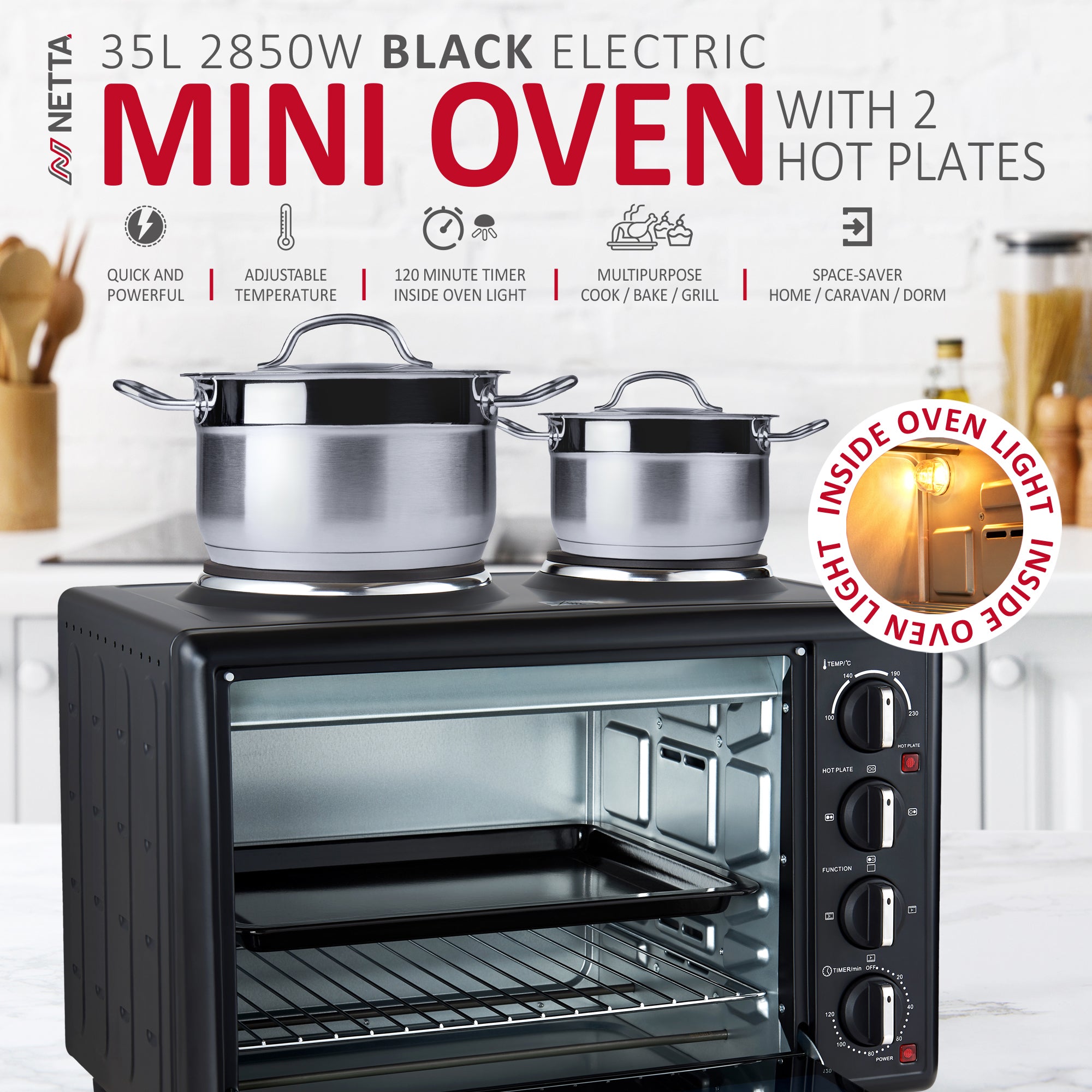 NETTA 35L Electric Mini Oven with Double Hotplate, Multiple Cooking Functions & Grill, Temperature Control Timer Black