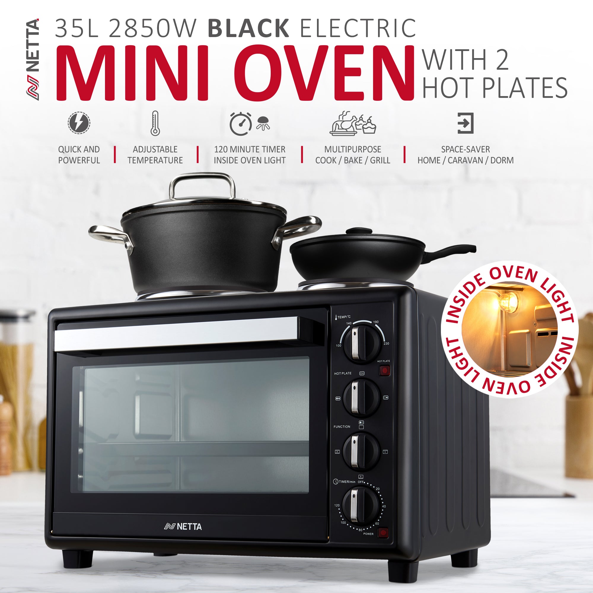 NETTA 35L Electric Mini Oven with Double Hotplate, Multiple Cooking Functions & Grill, Temperature Control Timer Black