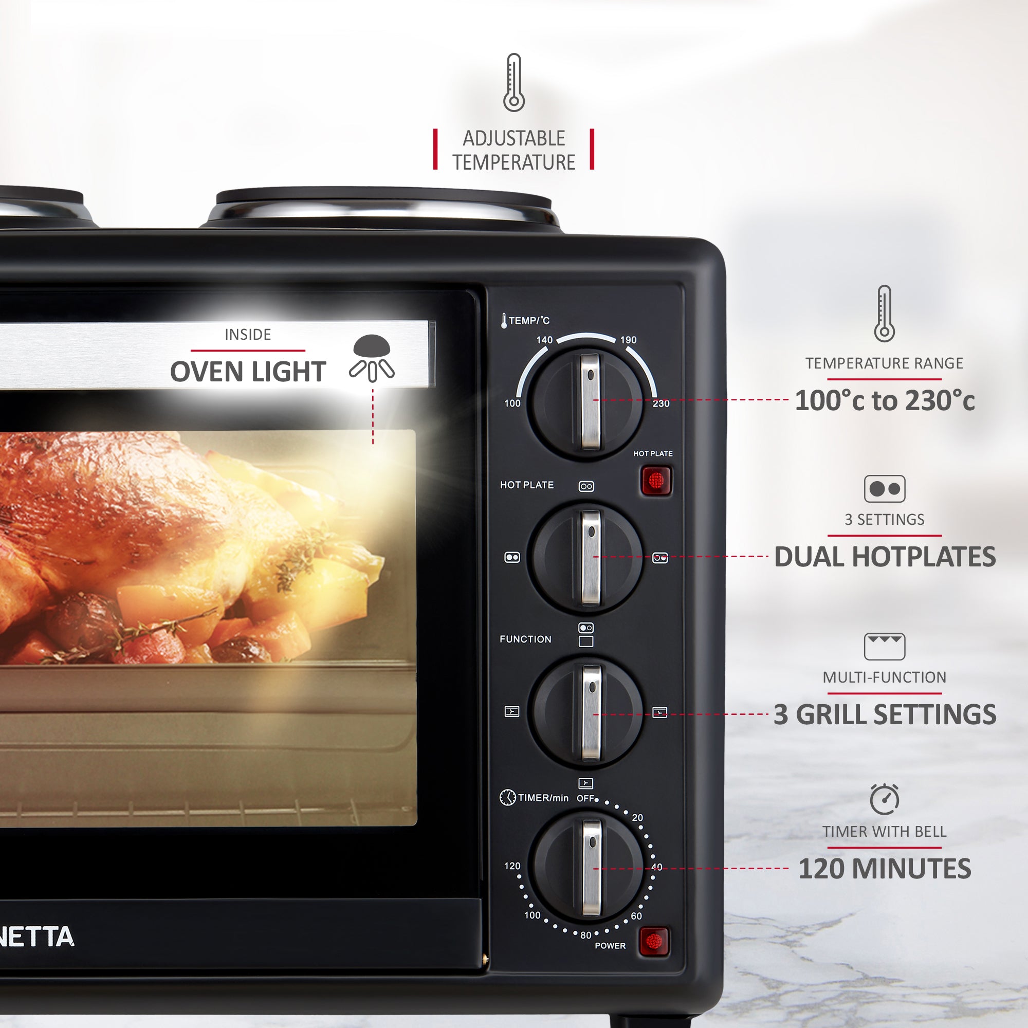 NETTA 35L Electric Mini Oven with Double Hotplate, Multiple Cooking Functions & Grill, Temperature Control Timer Black