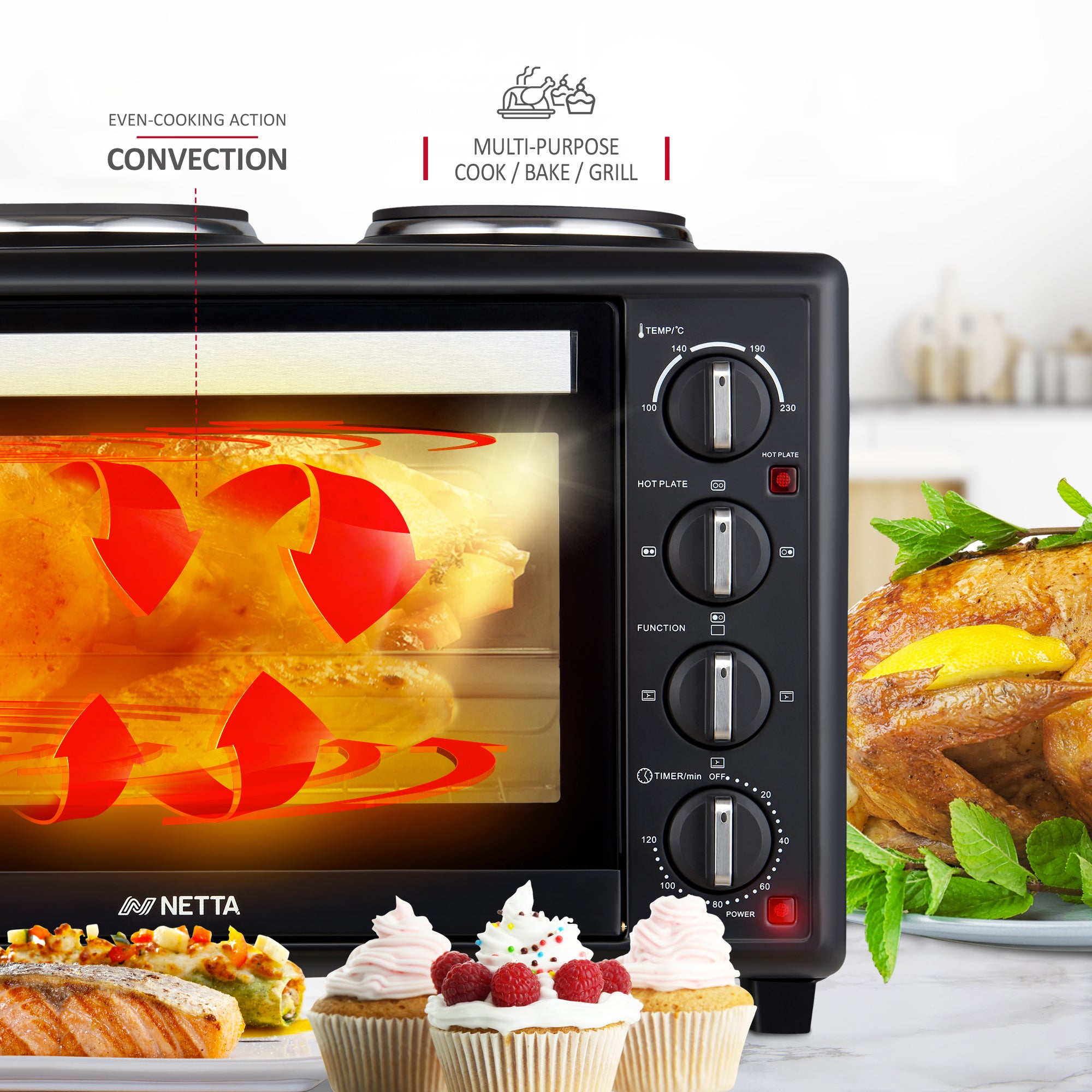 NETTA 35L Electric Mini Oven with Double Hotplate, Multiple Cooking Functions & Grill, Temperature Control Timer Black