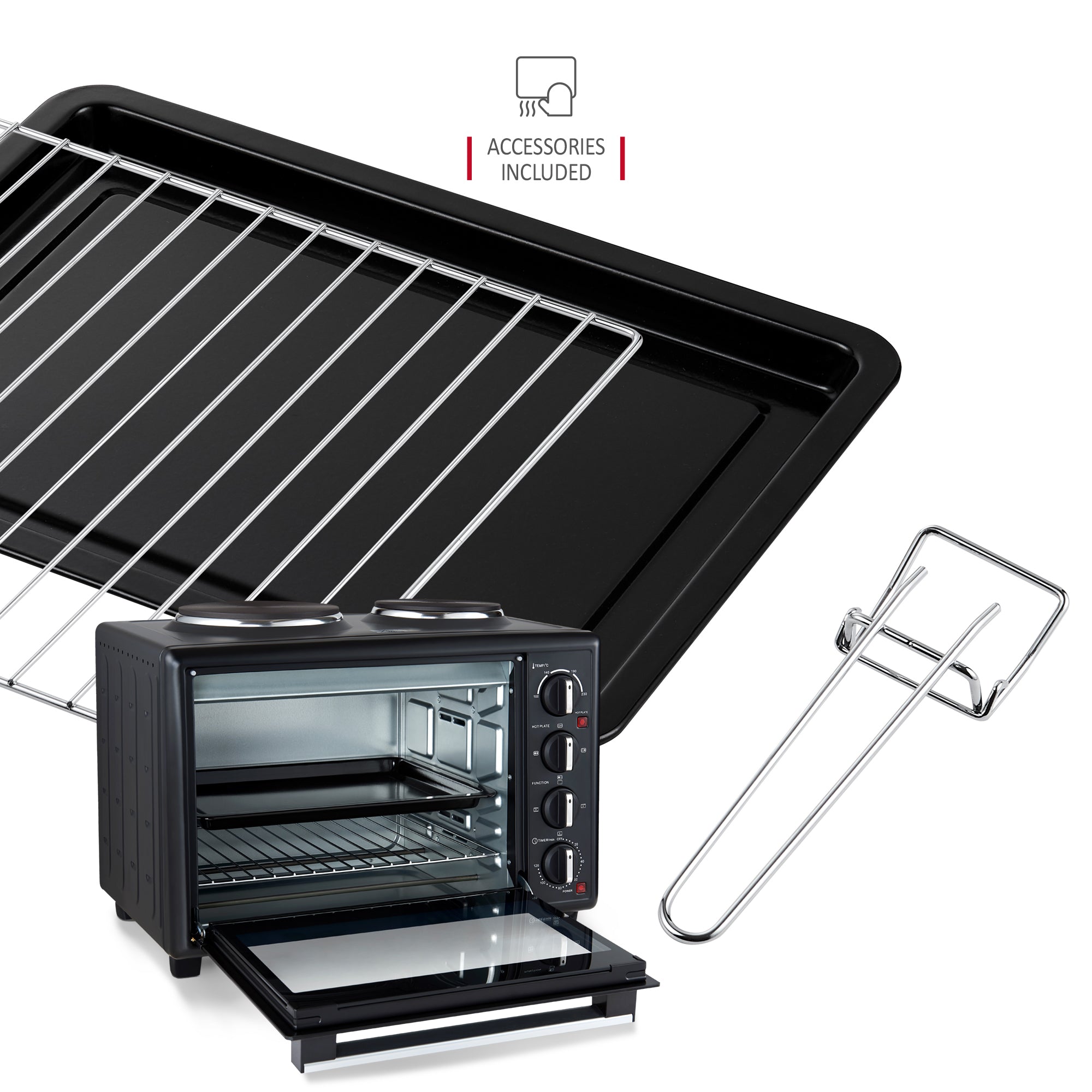 NETTA 35L Electric Mini Oven with Double Hotplate, Multiple Cooking Functions & Grill, Temperature Control Timer Black