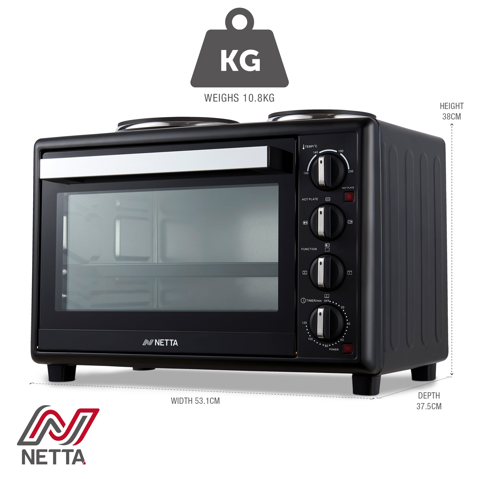 NETTA 35L Electric Mini Oven with Double Hotplate, Multiple Cooking Functions & Grill, Temperature Control Timer Black