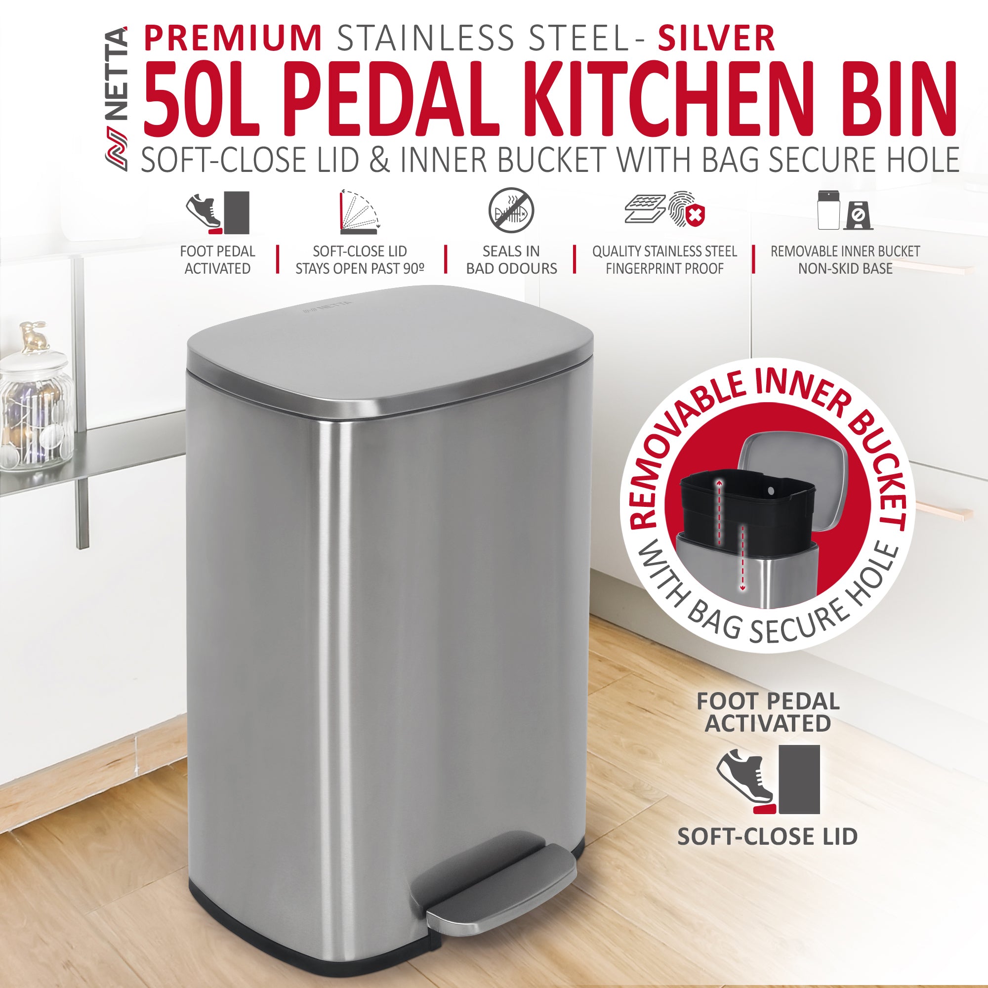 NETTA Kitchen Pedal Bin 50L Smudge Resistant with Inner Bucket, Brushed Stainless Steel Rubbish Bin, Soft Close