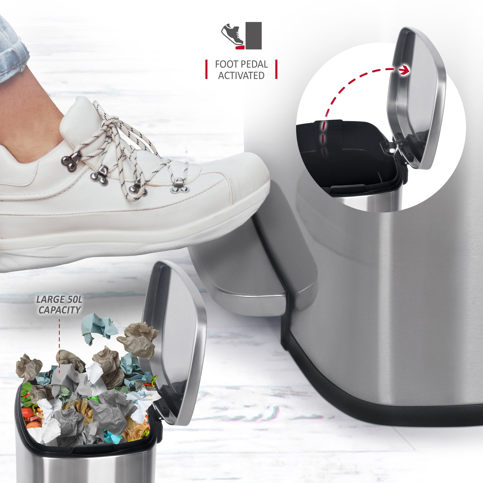 NETTA Kitchen Pedal Bin 50L Smudge Resistant with Inner Bucket, Brushed Stainless Steel Rubbish Bin, Soft Close