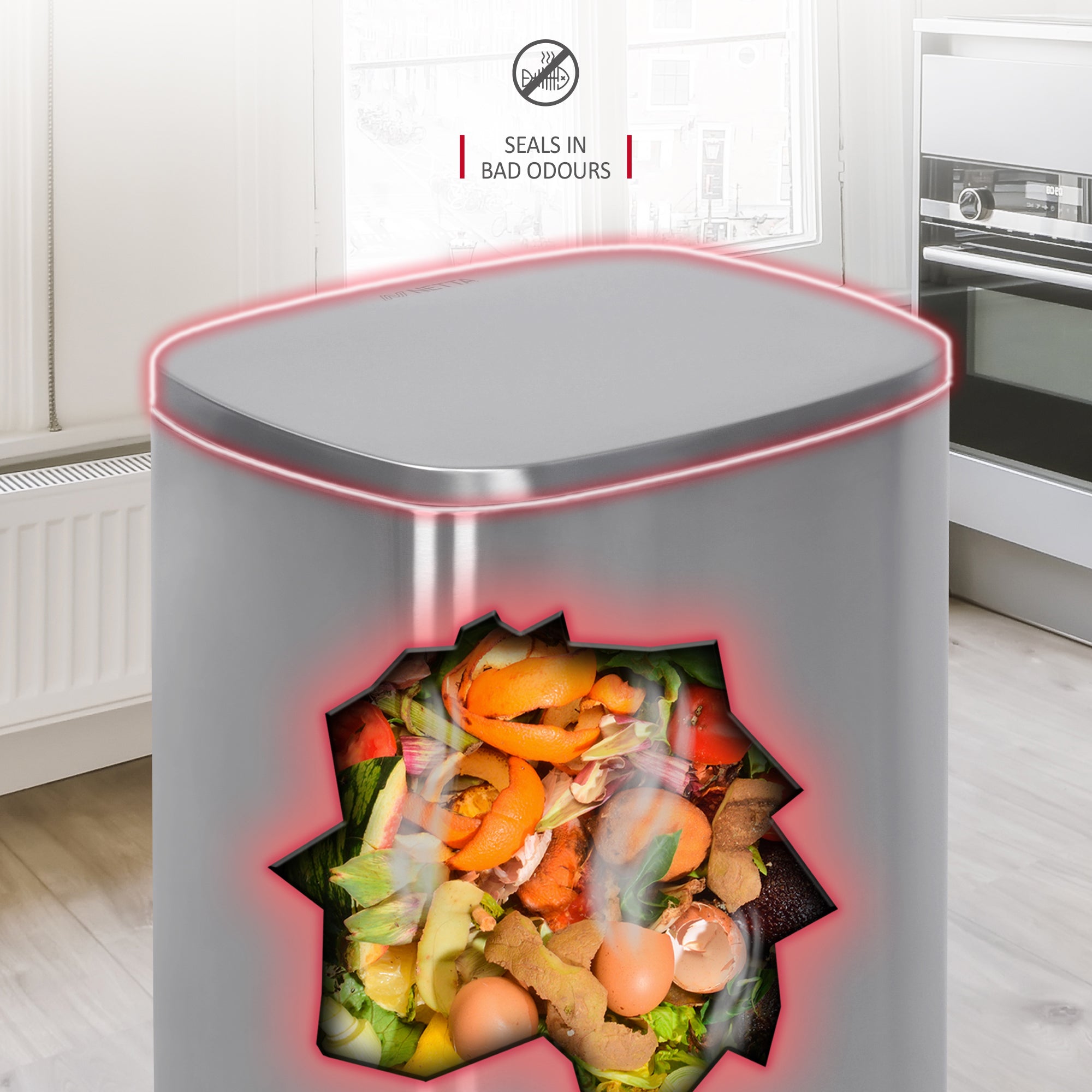 NETTA Kitchen Pedal Bin 50L Smudge Resistant with Inner Bucket, Brushed Stainless Steel Rubbish Bin, Soft Close
