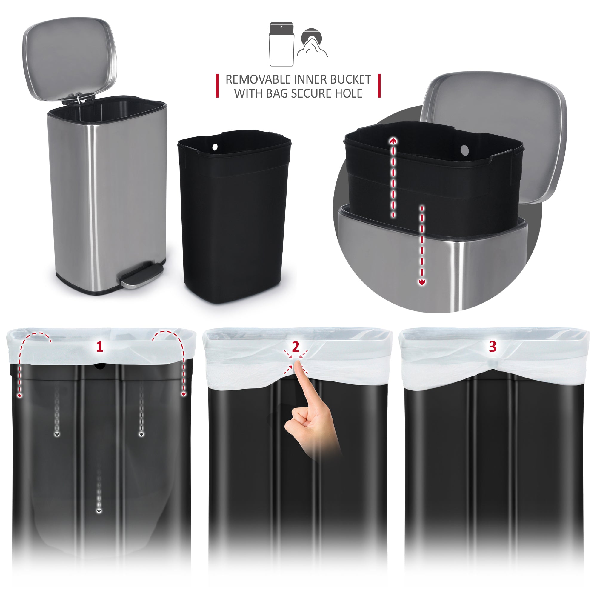 NETTA Kitchen Pedal Bin 50L Smudge Resistant with Inner Bucket, Brushed Stainless Steel Rubbish Bin, Soft Close