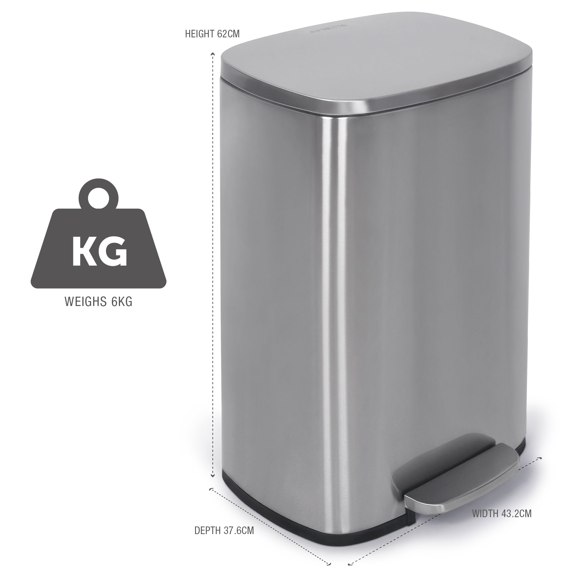 NETTA Kitchen Pedal Bin 50L Smudge Resistant with Inner Bucket, Brushed Stainless Steel Rubbish Bin, Soft Close