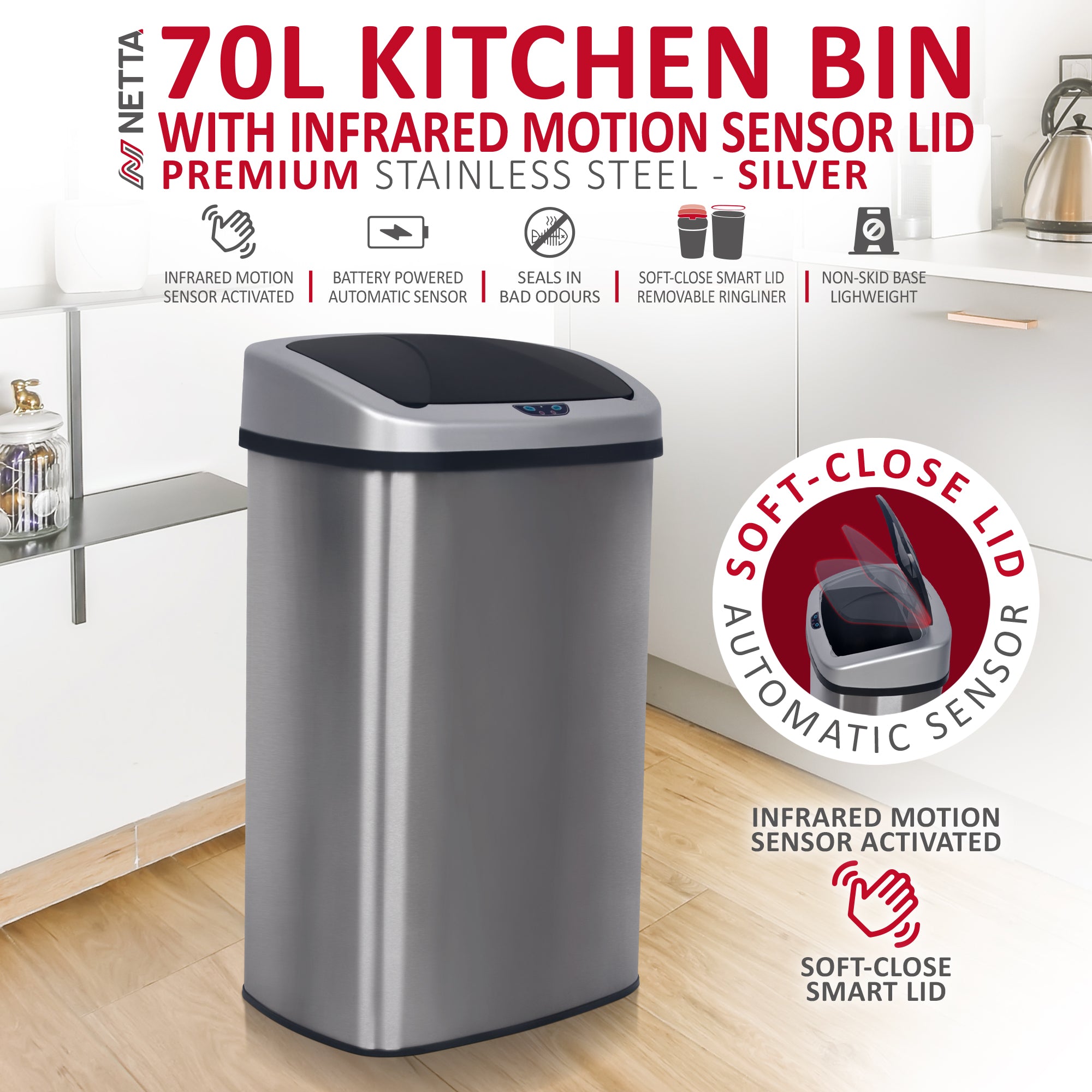 NETTA Kitchen Bin 70L, Large Touch-Free Automatic Motion Sensor Waste Rubbish Bin