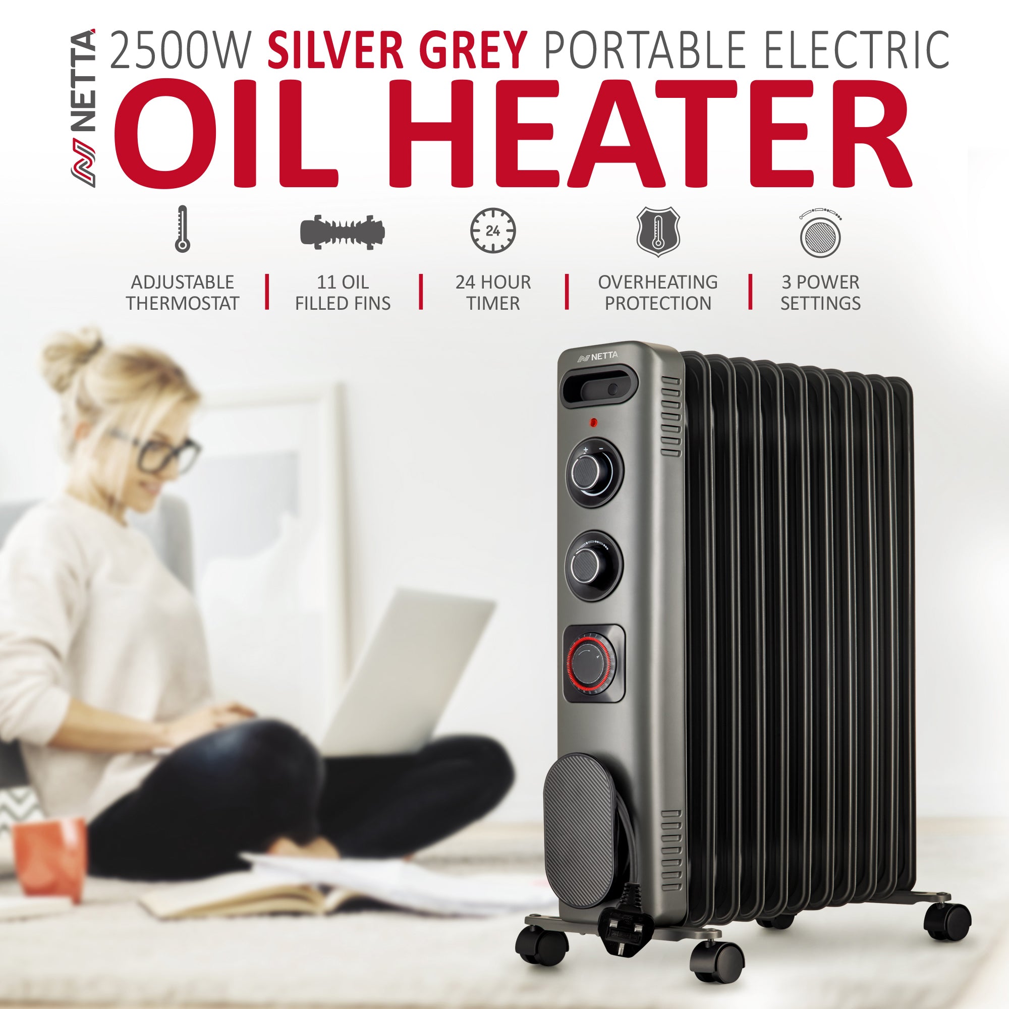NETTA Electric Oil Filled Radiator 2500W, Portable Heater with Thermostat & 24 Hour Timer, 3 Power Settings, 11 Fin
